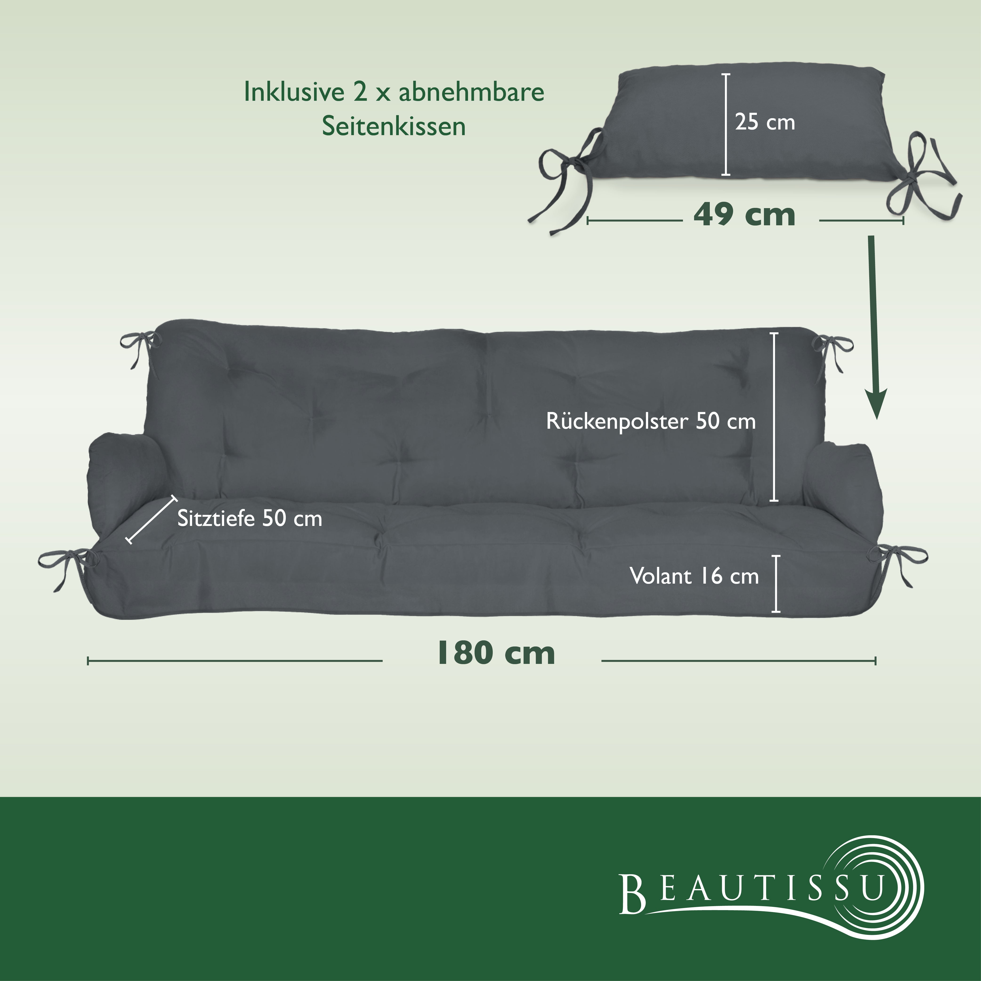Beautissu Sitzkissen für Hollywoodschaukel mit 2 Seitenkissen 180×50×8