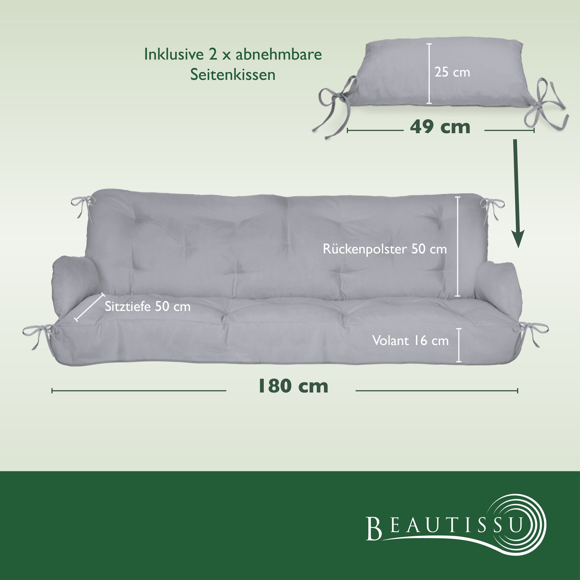 Beautissu Sitzkissen für Hollywoodschaukel mit 2 Seitenkissen 180×50×8