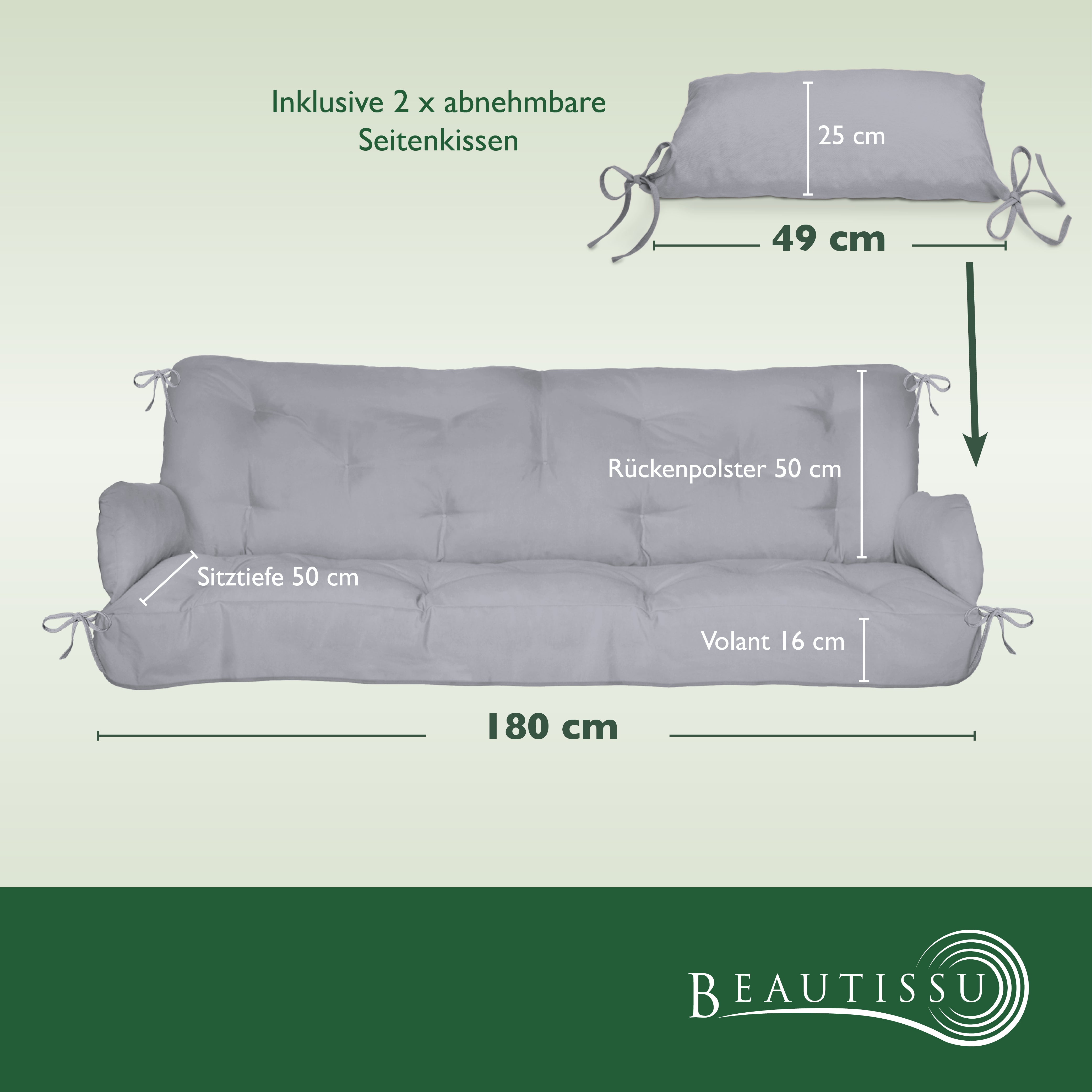 Beautissu Sitzkissen für Hollywoodschaukel mit 2 Seitenkissen 180×50×8