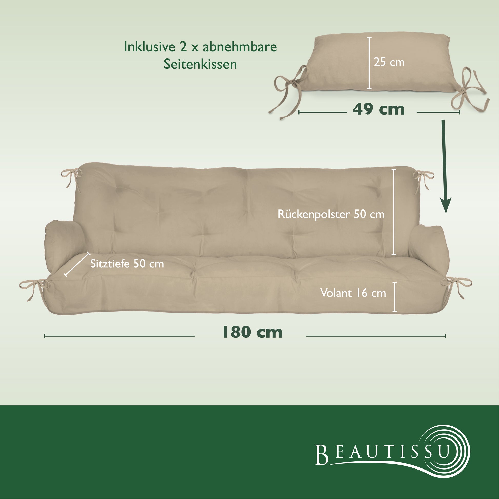 Beautissu Sitzkissen für Hollywoodschaukel mit 2 Seitenkissen 180×50×8