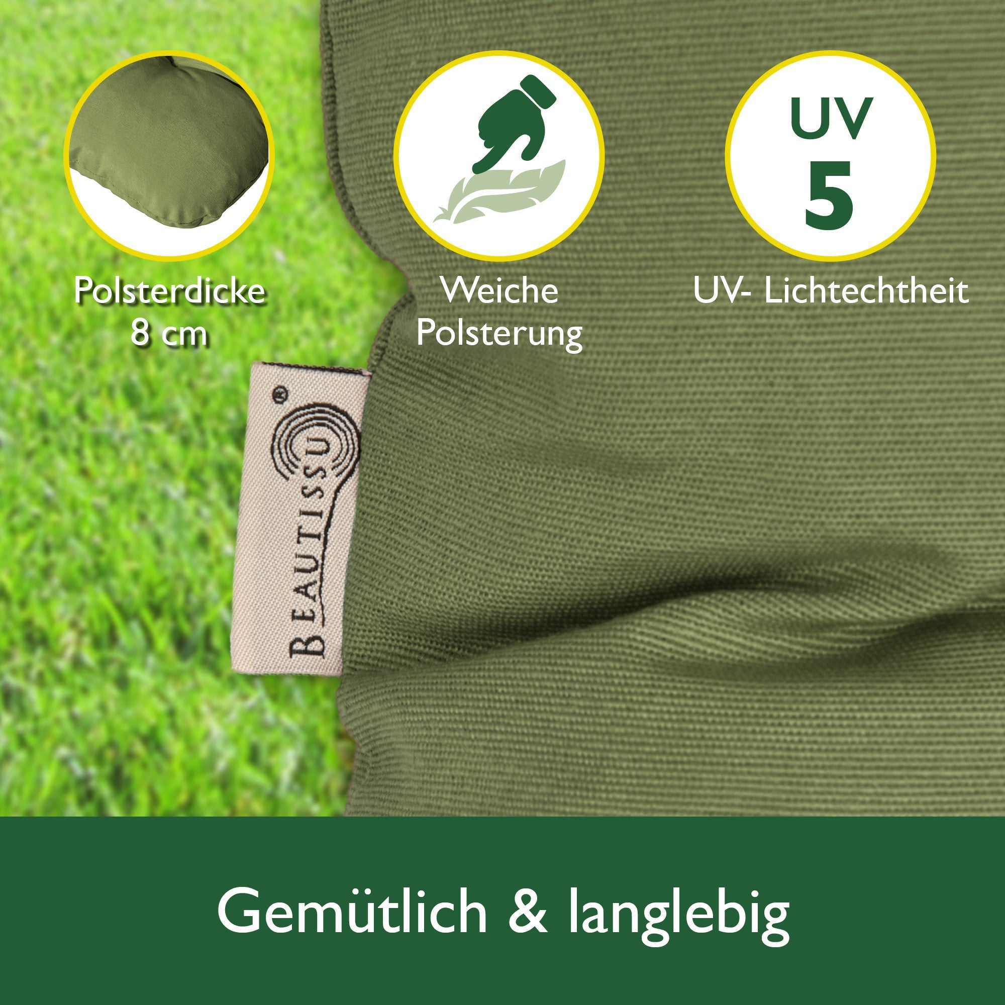 Beautissu Hollywoodschaukel Gartenauflage mit 8 cm Polsterung und 2 Seitenkissen, UV-beständig und OEKO-TEX zertifiziert
