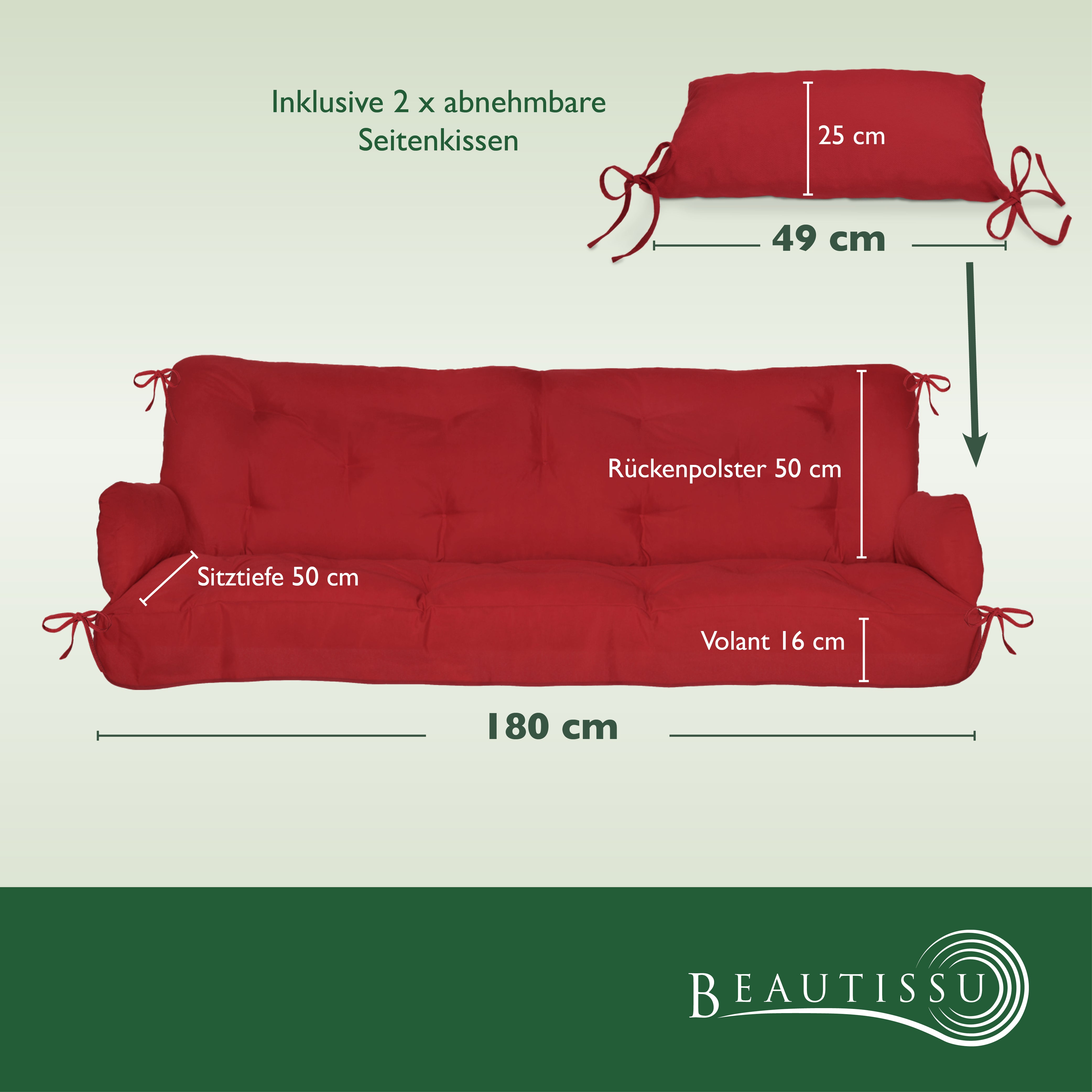 Beautissu Sitzkissen für Hollywoodschaukel mit 2 Seitenkissen 180×50×8