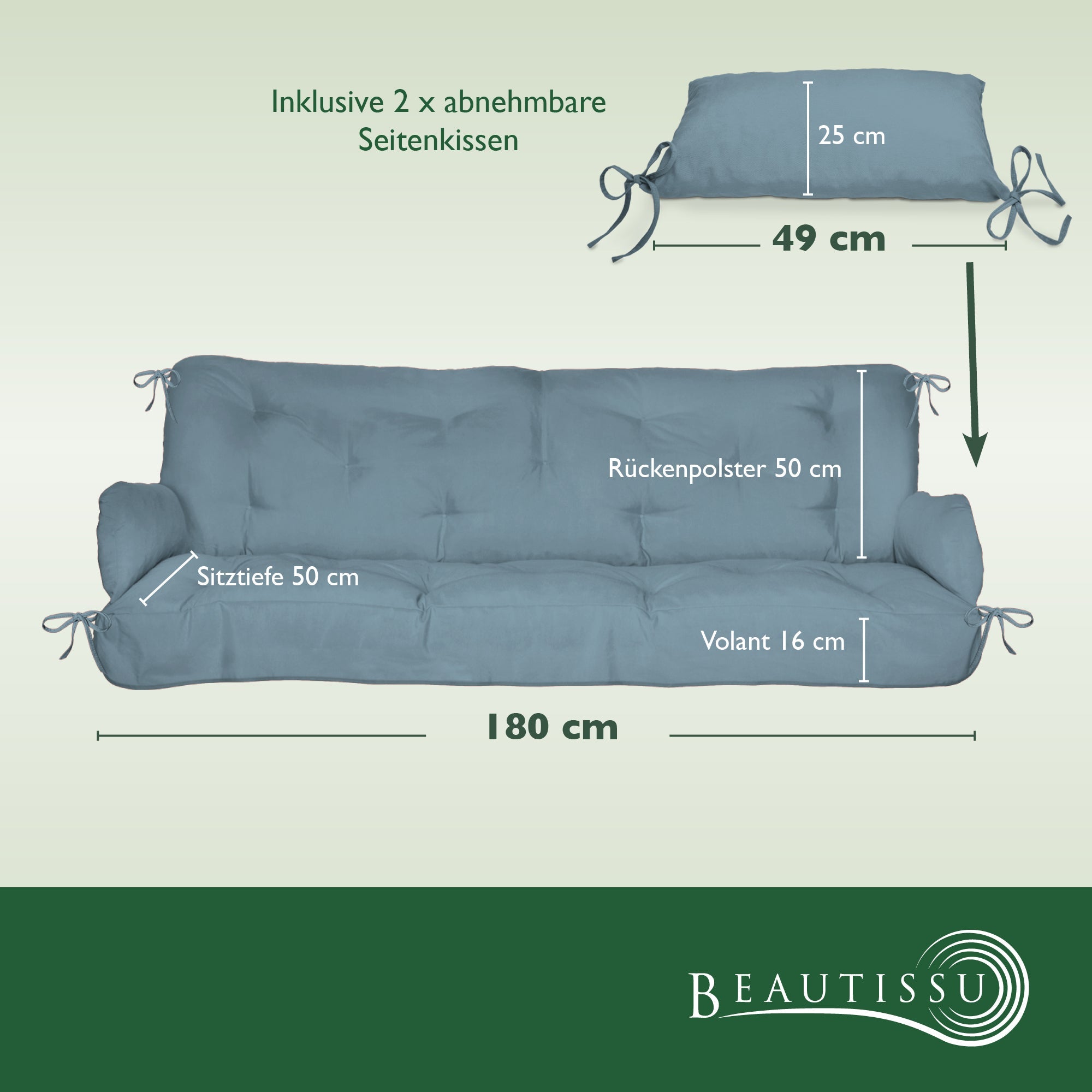 Beautissu Hollywoodschaukel Gartenauflage mit 8 cm Polsterung und 2 Seitenkissen, UV-beständig und OEKO-TEX zertifiziert