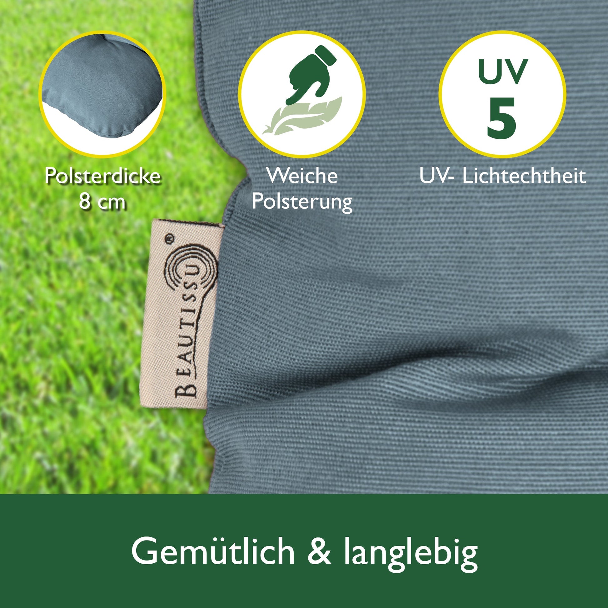 Beautissu Hollywoodschaukel Gartenauflage mit 8 cm Polsterung und 2 Seitenkissen, UV-beständig und OEKO-TEX zertifiziert