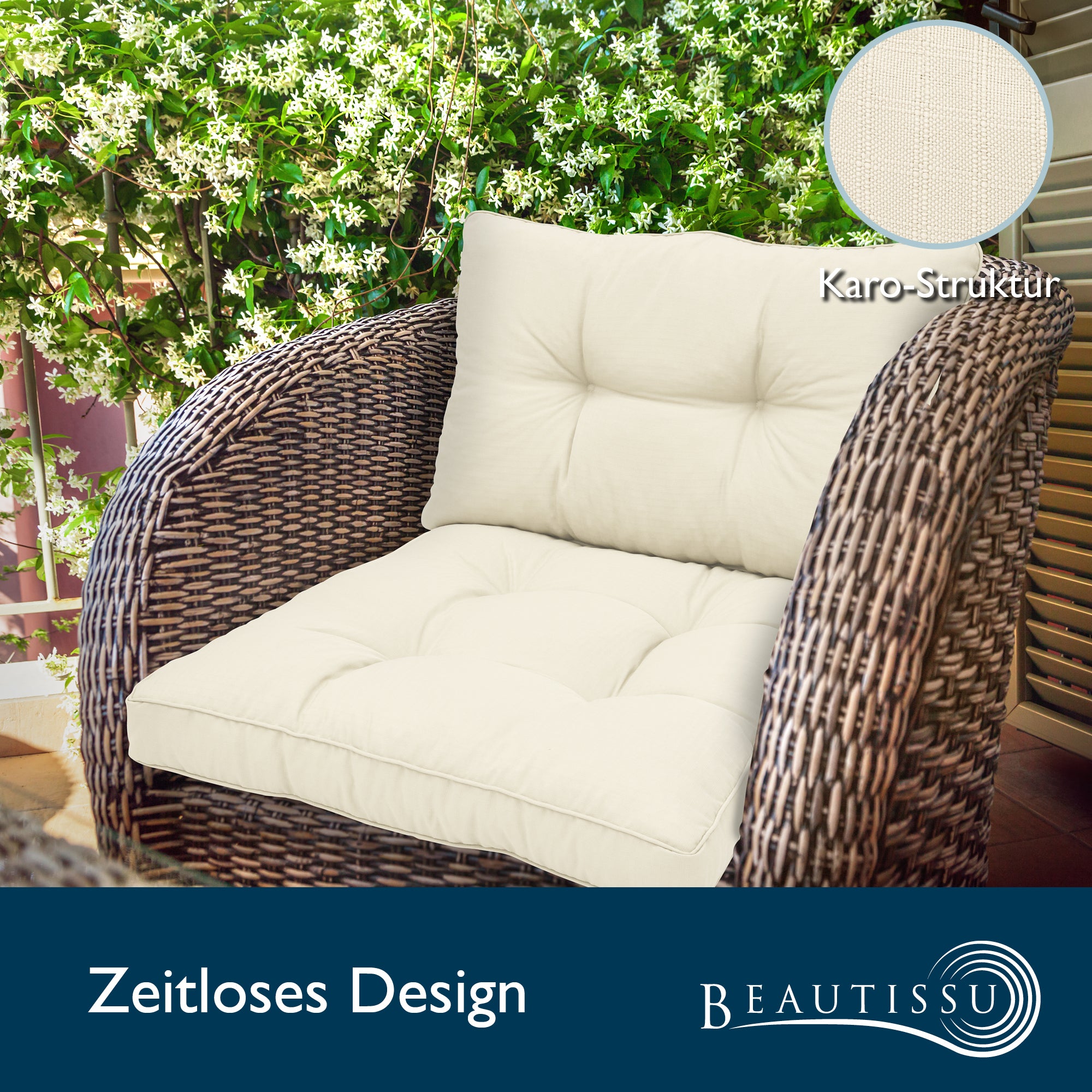 Beautissu Outdoor Lounge Rückenkissen & Sitzkissen 10/12 cm dick Natur