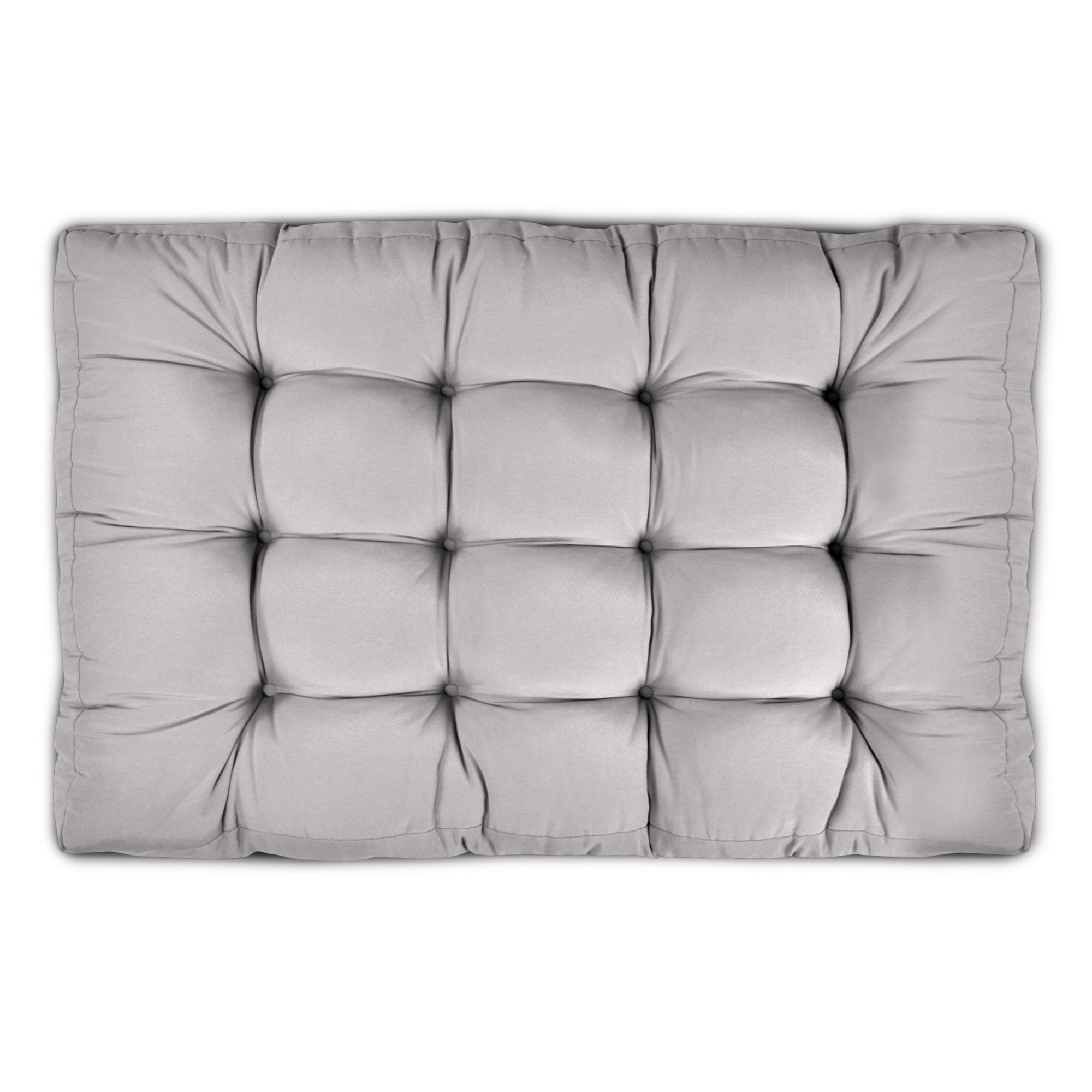 Hellgraue Europaletten Kissen mit 15 cm Sitzpolster und 10–20 cm Rückenfüllung für Palettenmöbel im modernen Outdoor Lounge-Design