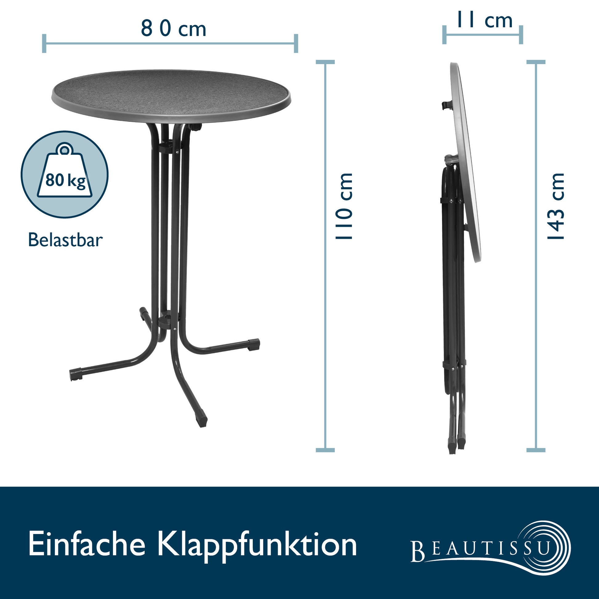 Beautissu Klappbarer Stehtisch Ø 60/70/80 cm Wetterfest – Bellini