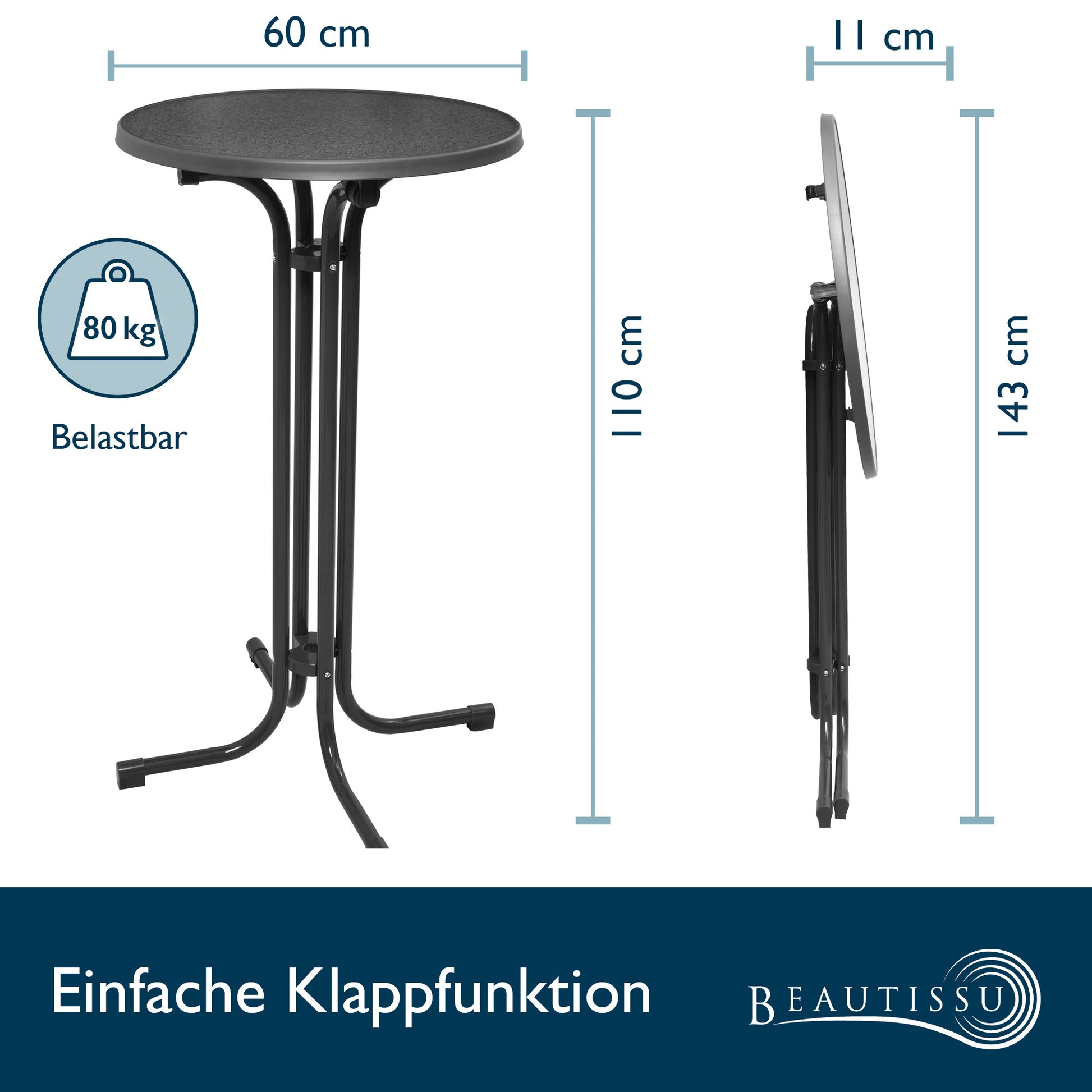 Beautissu Klappbarer Stehtisch Ø 60/70/80 cm Wetterfest – Bellini