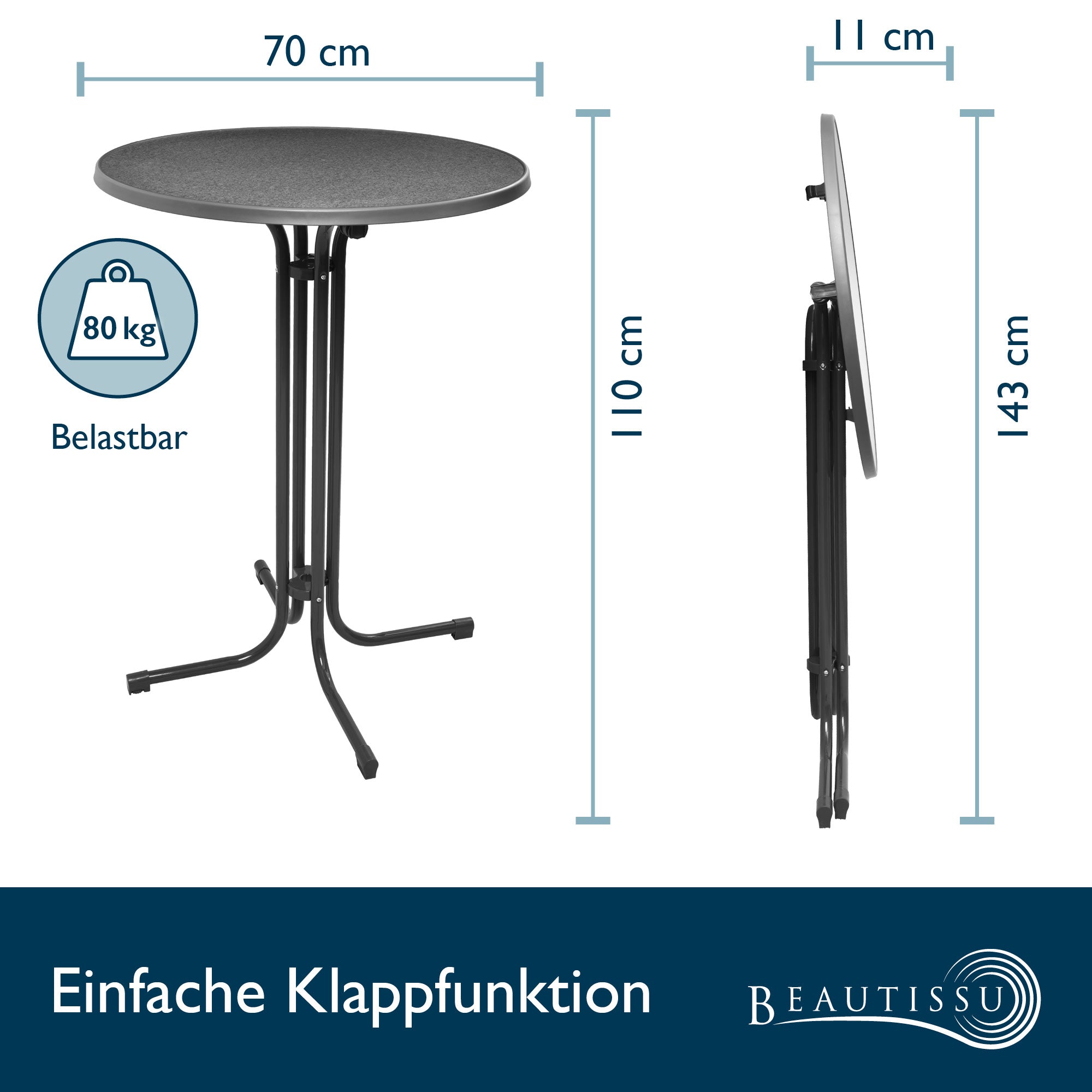 Beautissu Klappbarer Stehtisch Ø 60/70/80 cm Wetterfest – Bellini