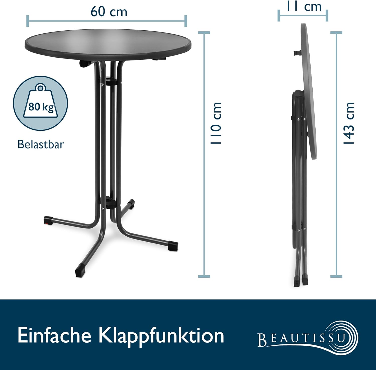 Beautissu Klappbarer Stehtisch Ø 60/70/80 cm Wetterfest – Bellini
