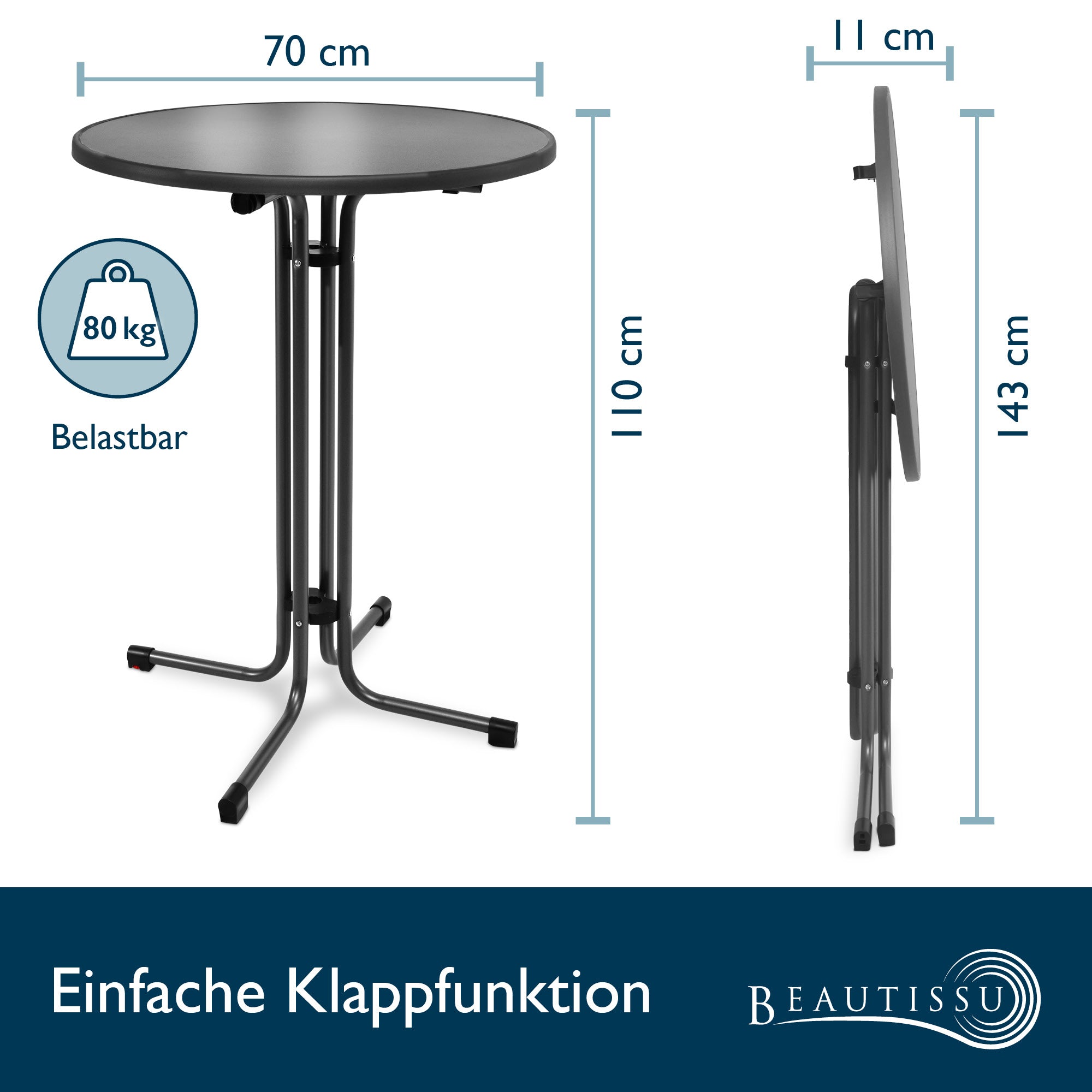 Beautissu Klappbarer Stehtisch Ø 60/70/80 cm Wetterfest – Bellini