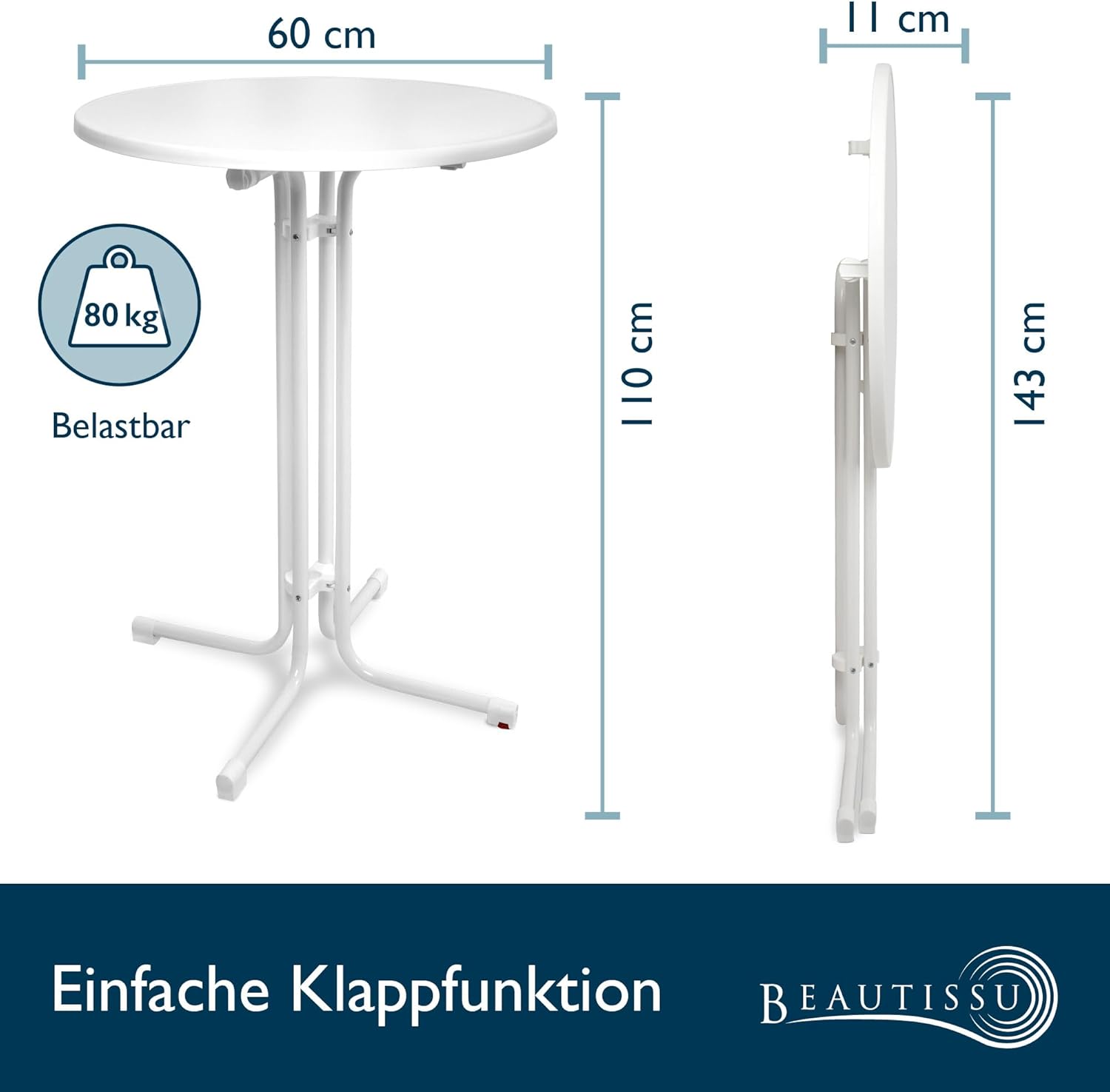 Beautissu Klappbarer Stehtisch Ø 60/70/80 cm Wetterfest – Bellini