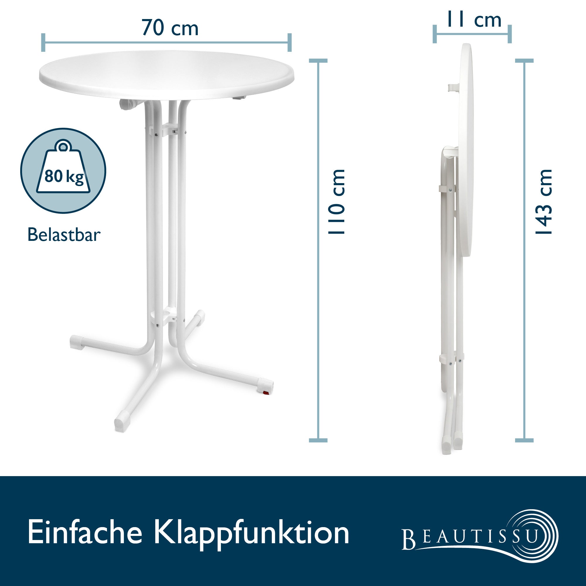 Beautissu Klappbarer Stehtisch Ø 60/70/80 cm Wetterfest – Bellini