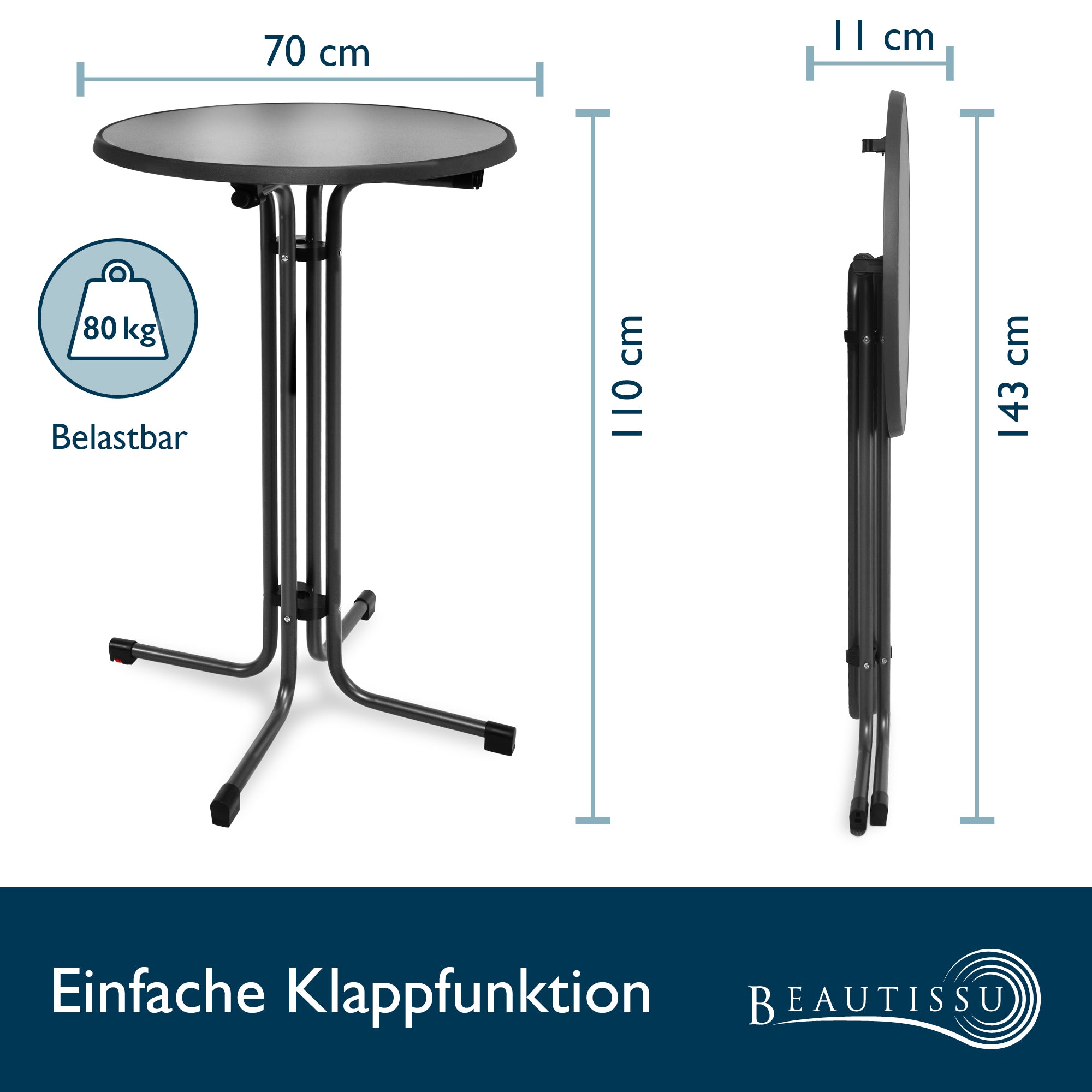 Beautissu Klappbarer Stehtisch Ø 70/80 cm TÜV-geprüft & Made in German