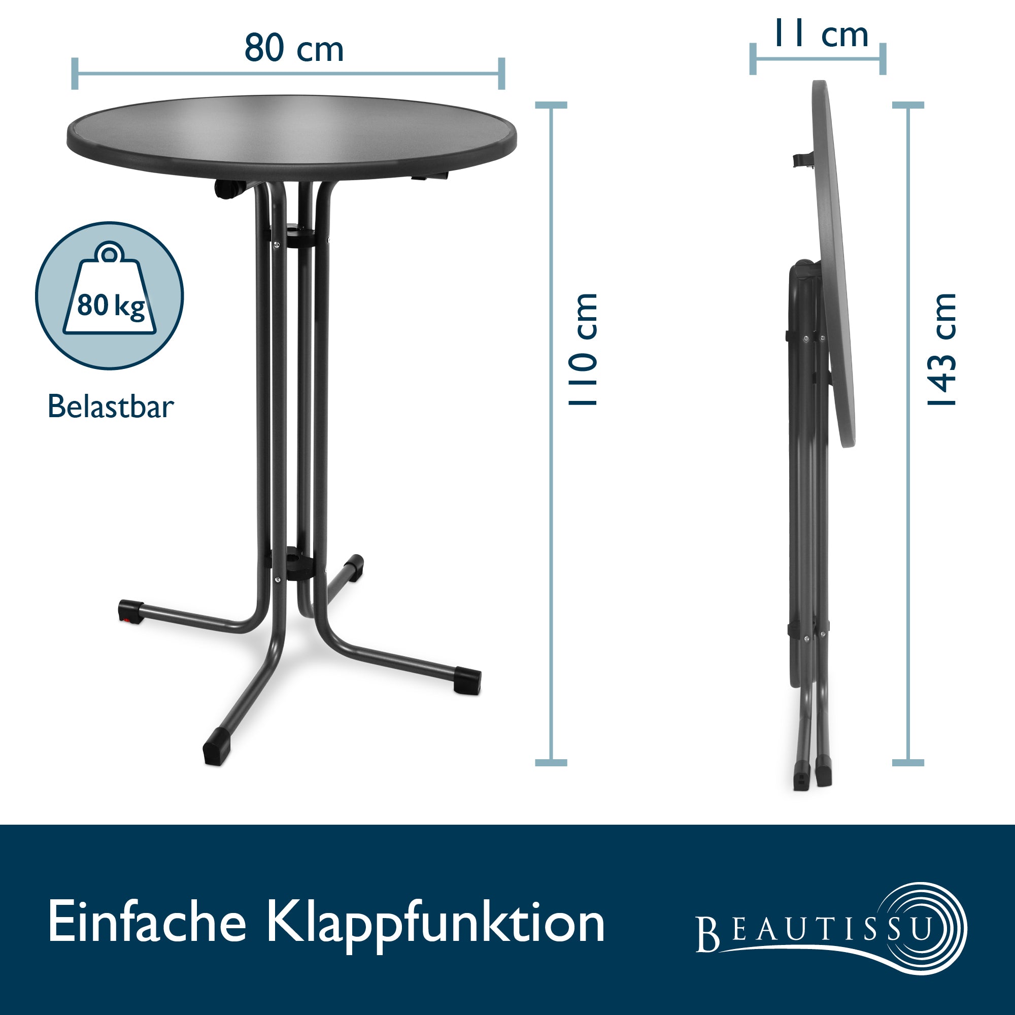 Beautissu Klappbarer Stehtisch Ø 70/80 cm TÜV-geprüft & Made in German