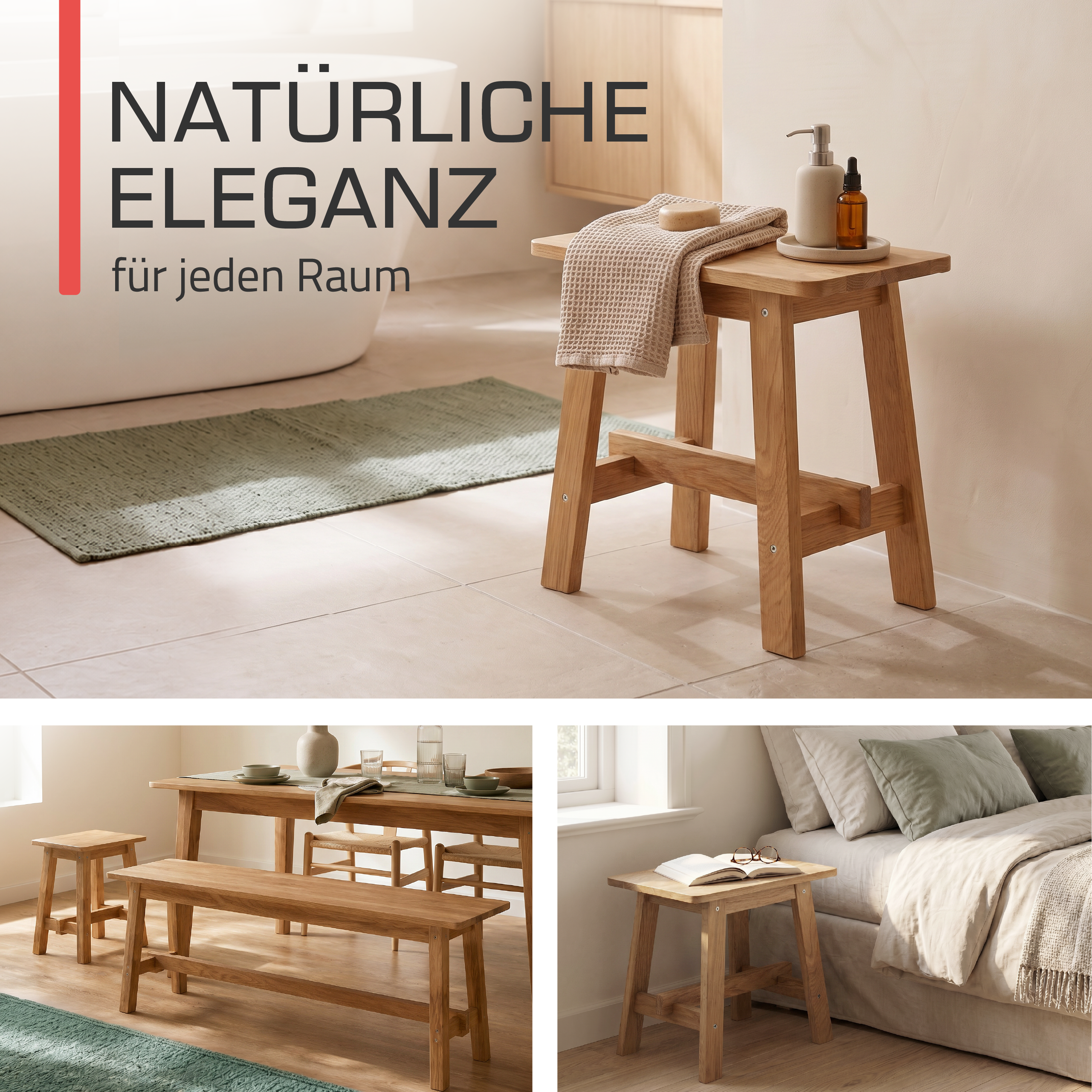 Indoor Sitzbank 100/120/150 cm & Hocker aus FSC® Massiv Eichenholz Bamberg