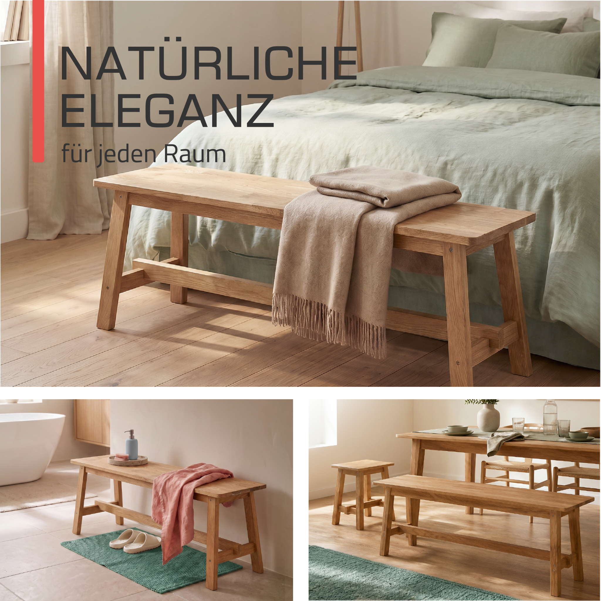 Indoor Sitzbank 100/120/150 cm & Hocker aus FSC® Massiv Eichenholz Bamberg
