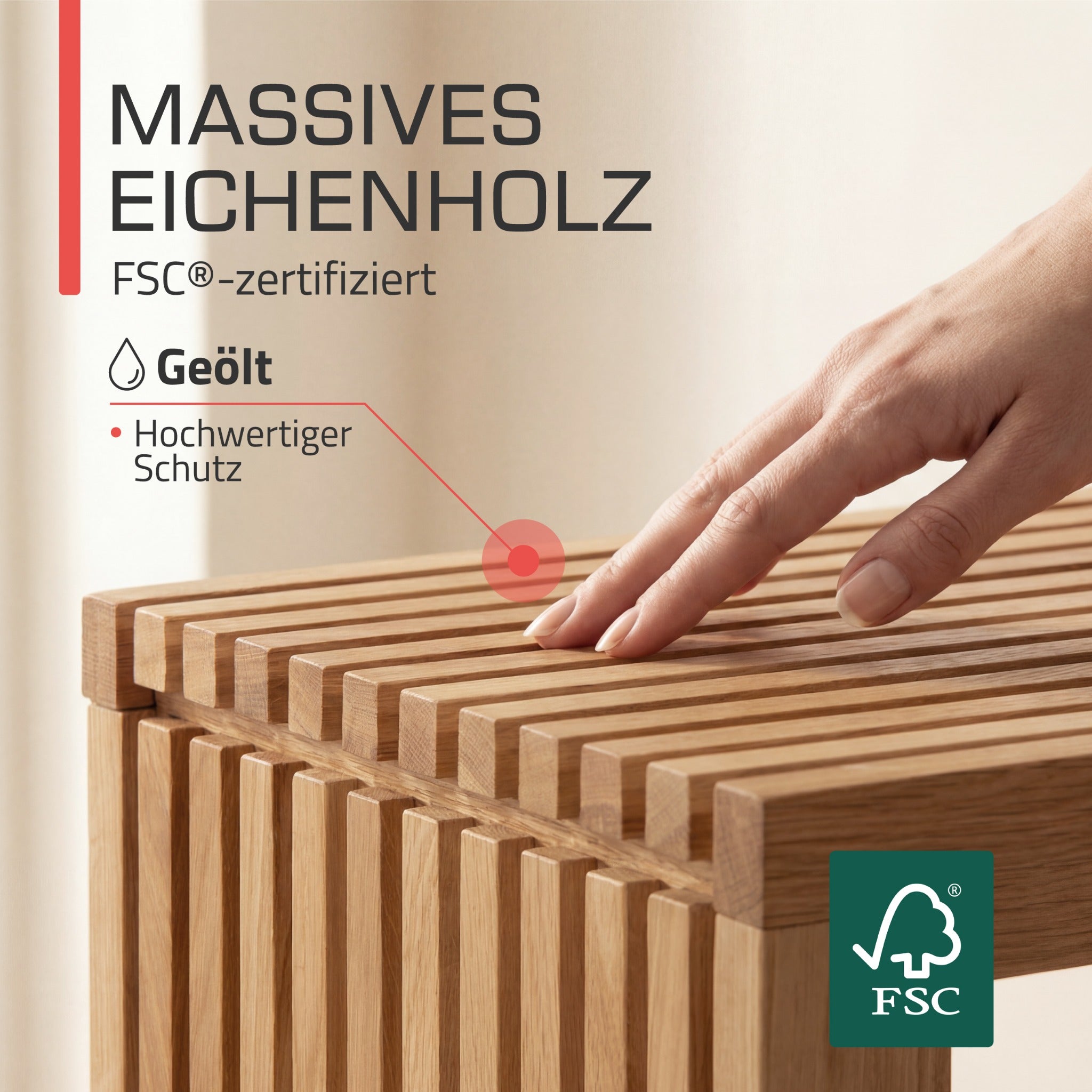 Indoor Sitzbank 100/120/150 cm & Hocker aus FSC® Massiv Eichenholz Eichberg