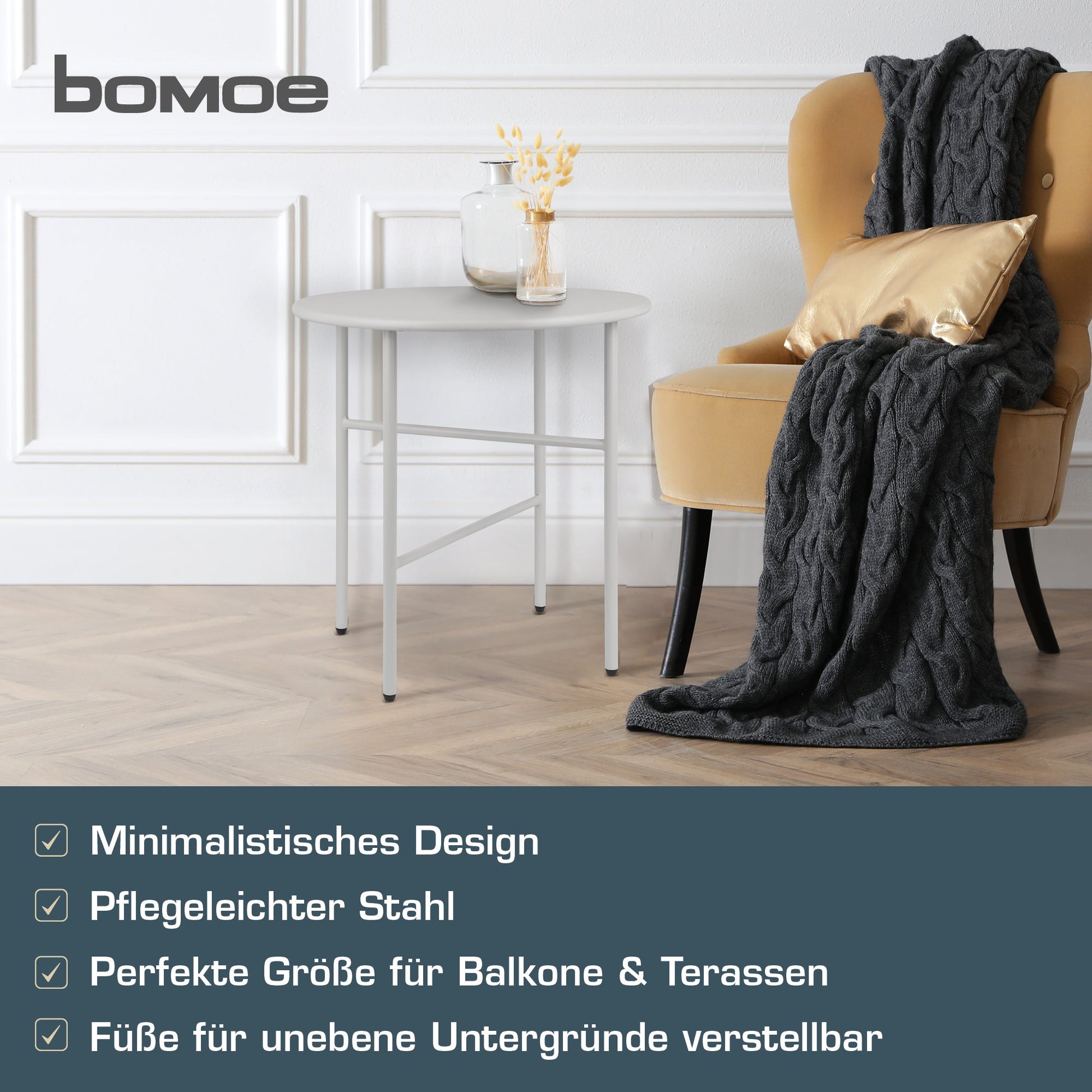 Moderner Beistelltisch Metall Finn mit kratzfester Pulverbeschichtung für Balkon, Garten und Wohnzimmer