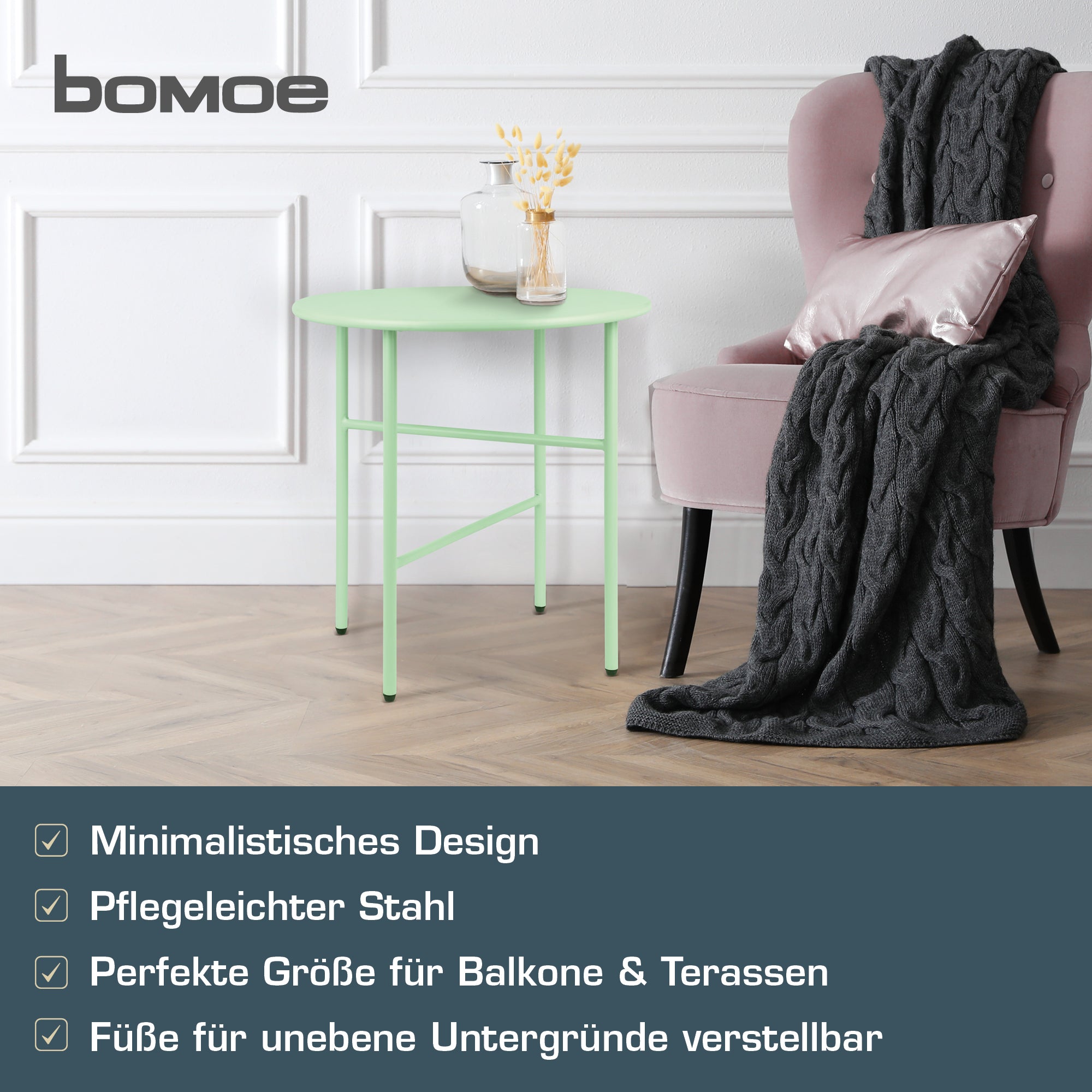 Moderner Beistelltisch Metall Finn für Indoor und Outdoor mit kratzfester Pulverbeschichtung und verstellbaren Füßen