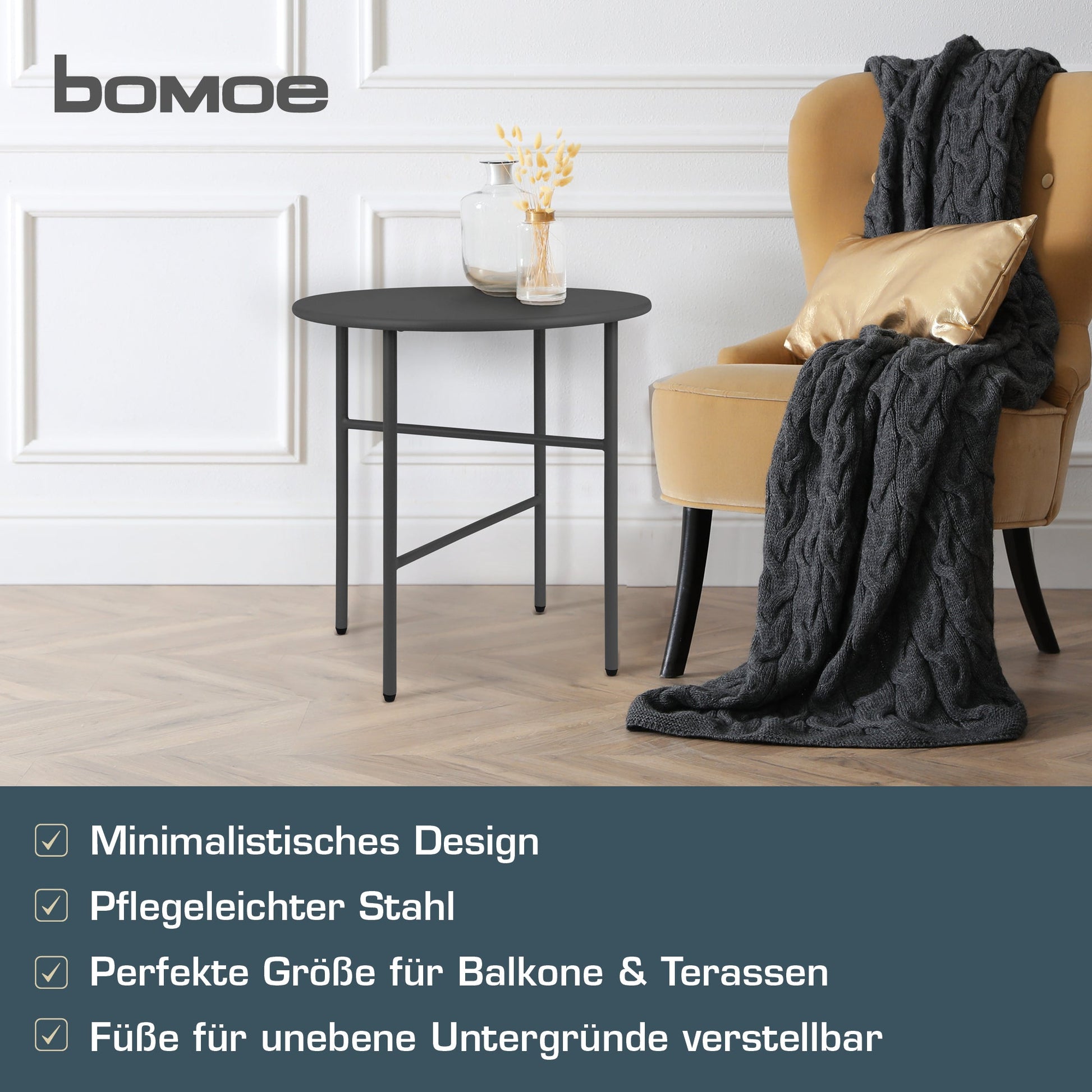 Moderner runder Beistelltisch Metall mit pulverbeschichteter Oberfläche, kratz- und rostbeständig für Indoor und Outdoor Nutzung.