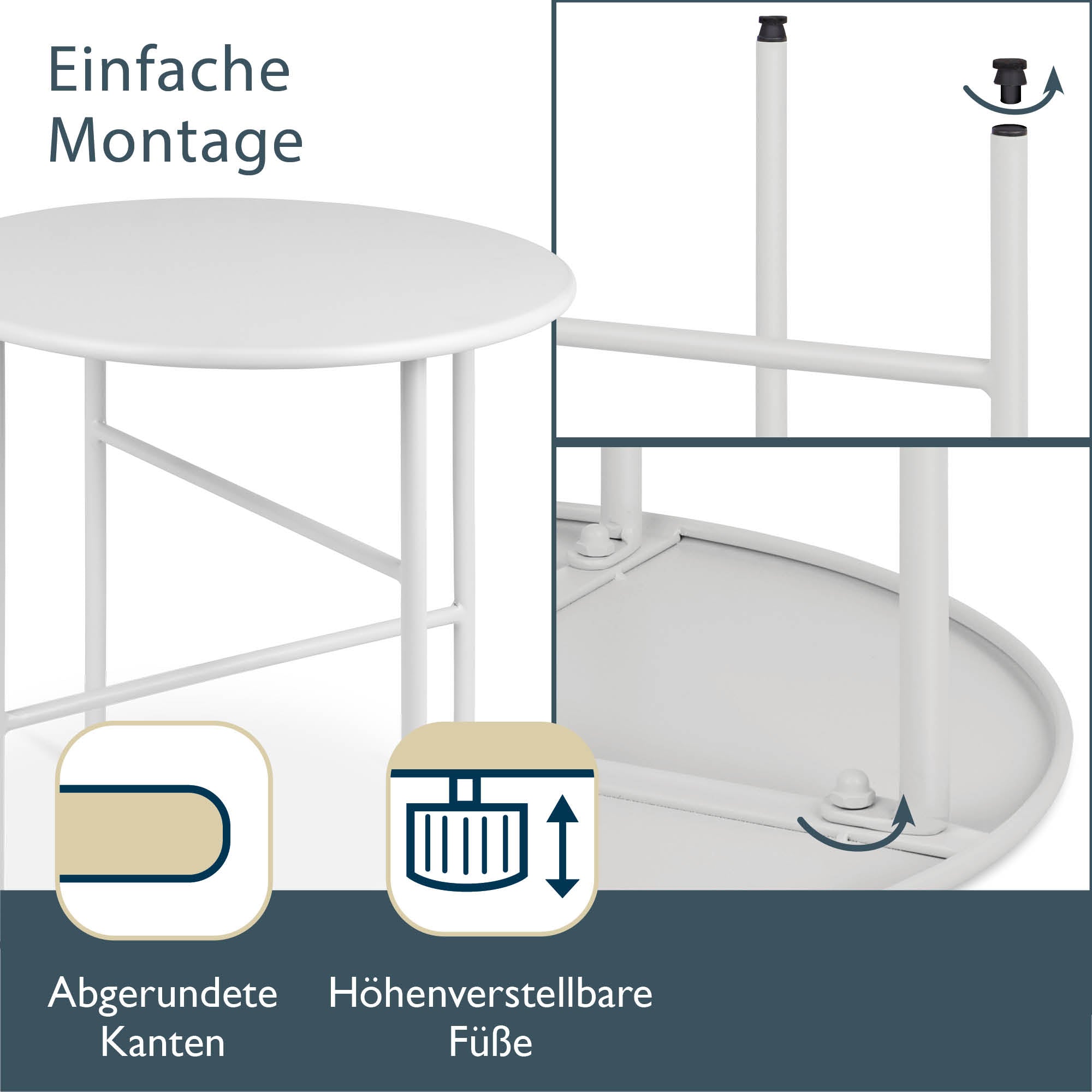 Moderner Beistelltisch Metall Finn für Indoor und Outdoor mit kratzfester Pulverbeschichtung und verstellbaren Füßen