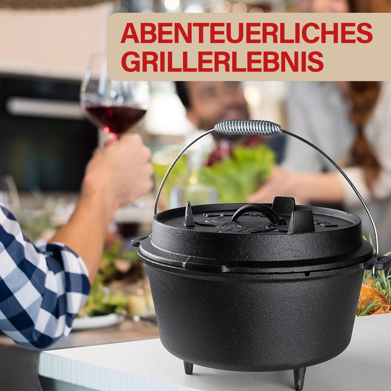Dutch Oven aus Gusseisen für Camping, Grill und Feuerstelle mit 7,5 Liter Fassungsvermögen