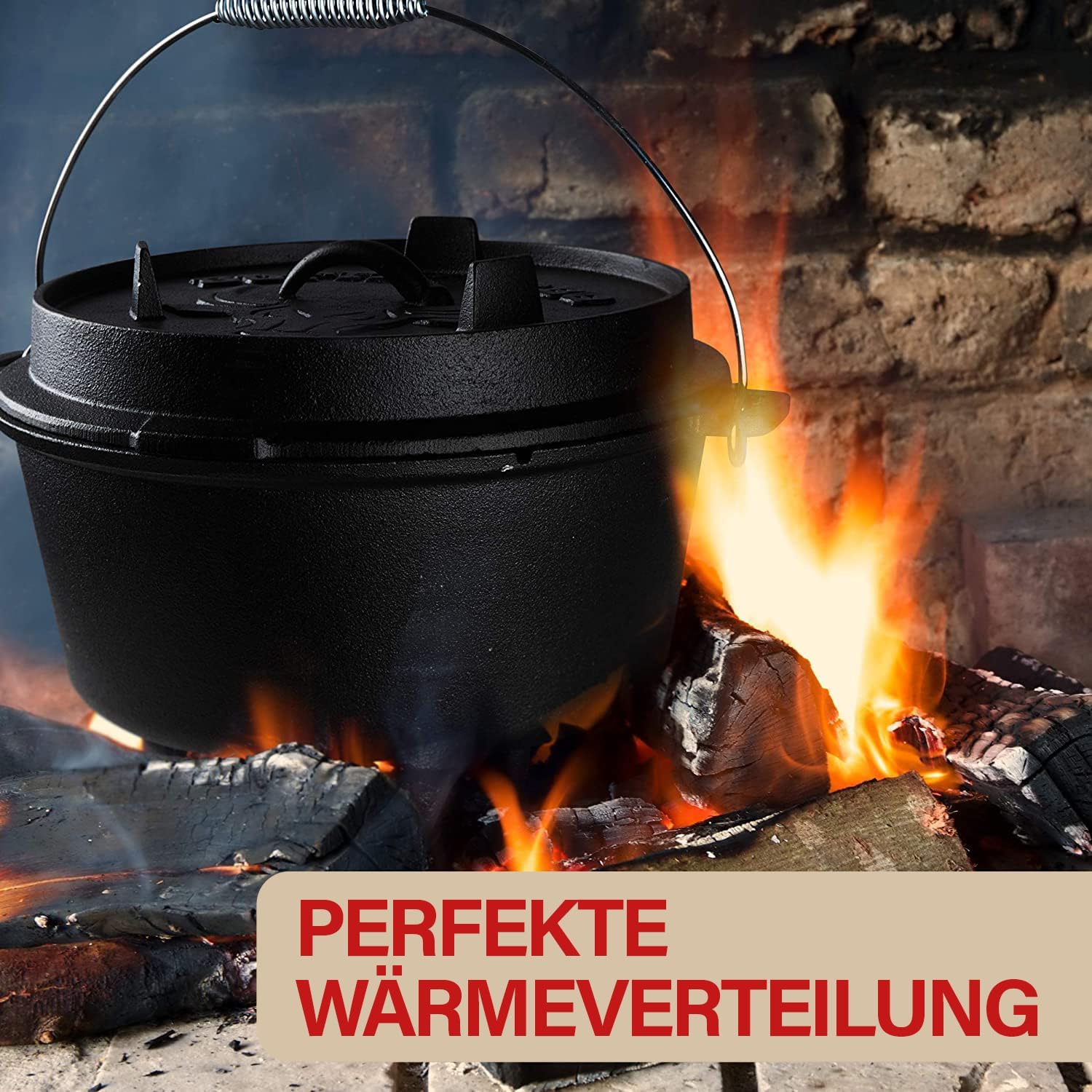 Dutch Oven aus Gusseisen 7,5 Liter für Camping, Grill und Feuerstelle mit Deckel aus Stahl und Tragetasche