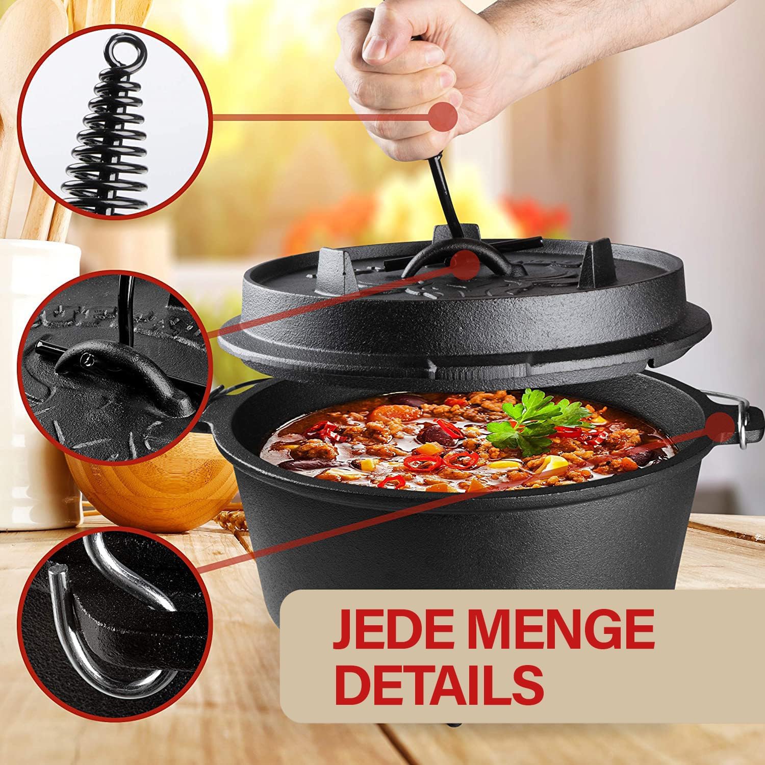 Dutch Oven aus Gusseisen 7,5L Feuertopf mit Deckel, Deckelheber und Tragetasche für Camping, Grill und offene Feuerstelle