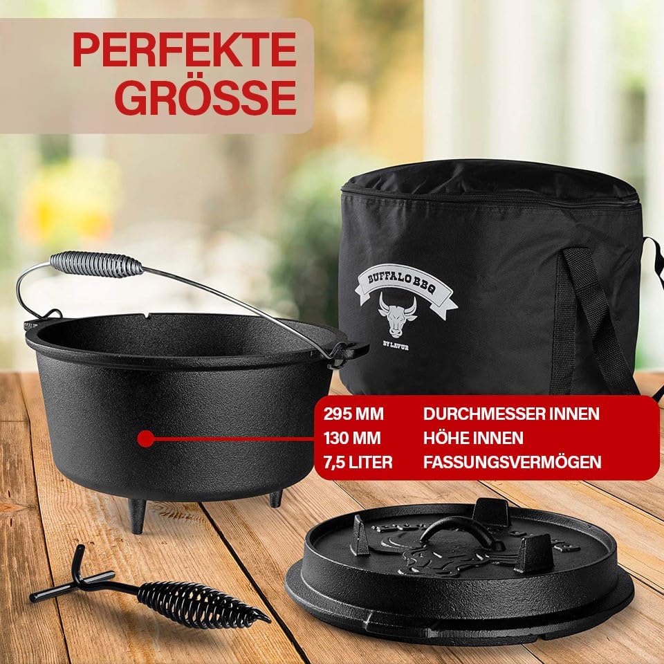 Dutch Oven aus Gusseisen für Camping, Grillen und Feuerstelle mit Deckelheber und Tragetasche