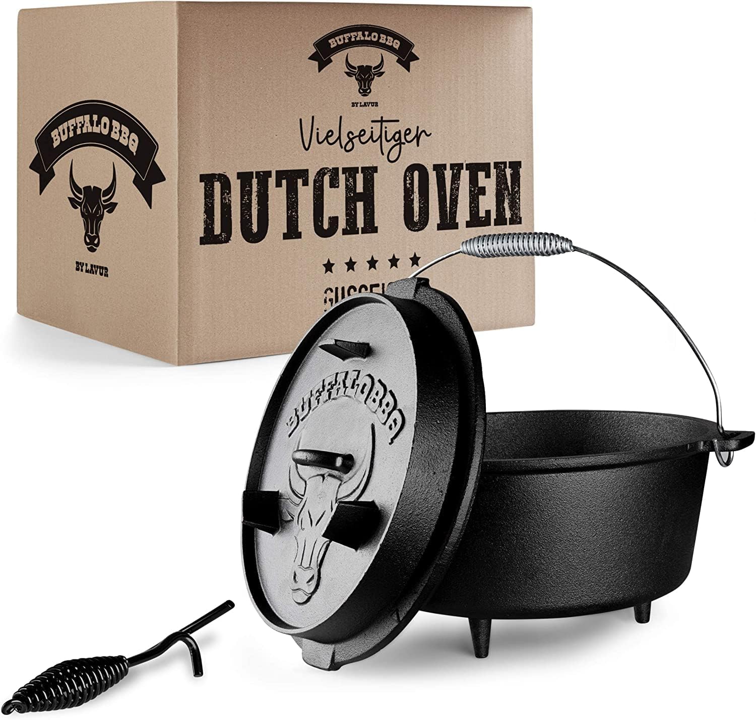 Dutch Oven aus Gusseisen für Camping, Grill und offene Feuerstellen mit Deckel und Tragetasche