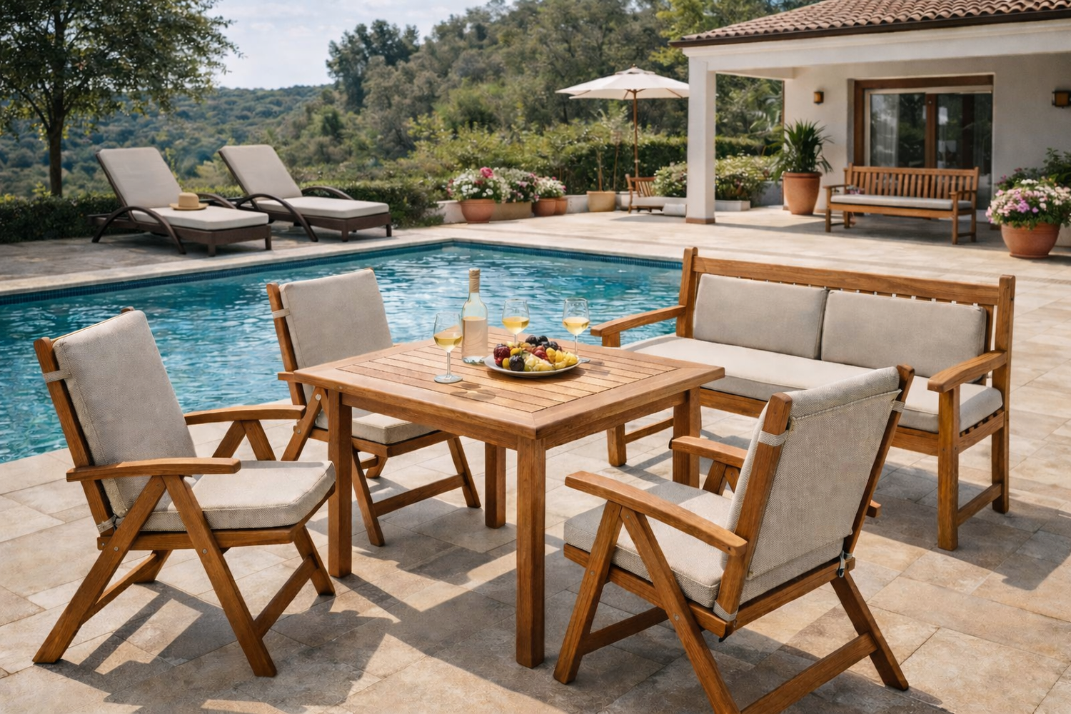 Eine stilvolle Garten-Sitzgruppe aus Holz steht sonnig am Pool, gedeckt mit Wein und Obst, und vermittelt eine entspannte Urlaubsatmosphäre.