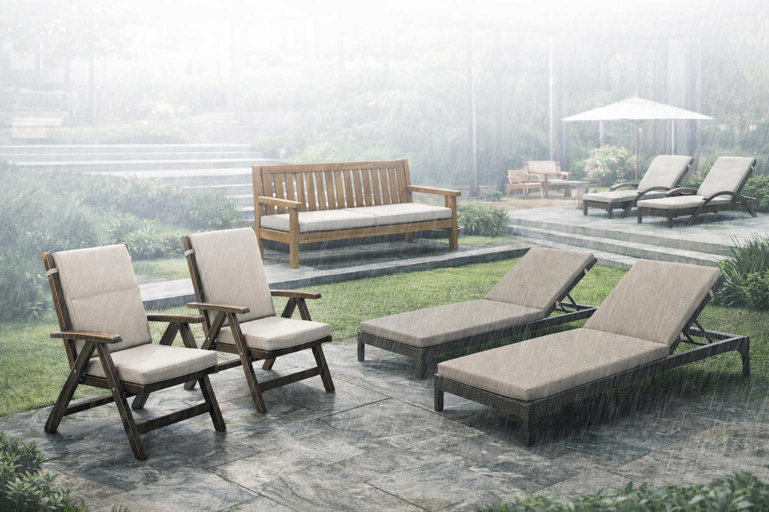 Eine moderne Gartenlounge mit Liegen, Stühlen und einer Bank steht auf einer Terrasse im Regen und vermittelt eine entspannte, aber nasse Outdoor-Atmosphäre.