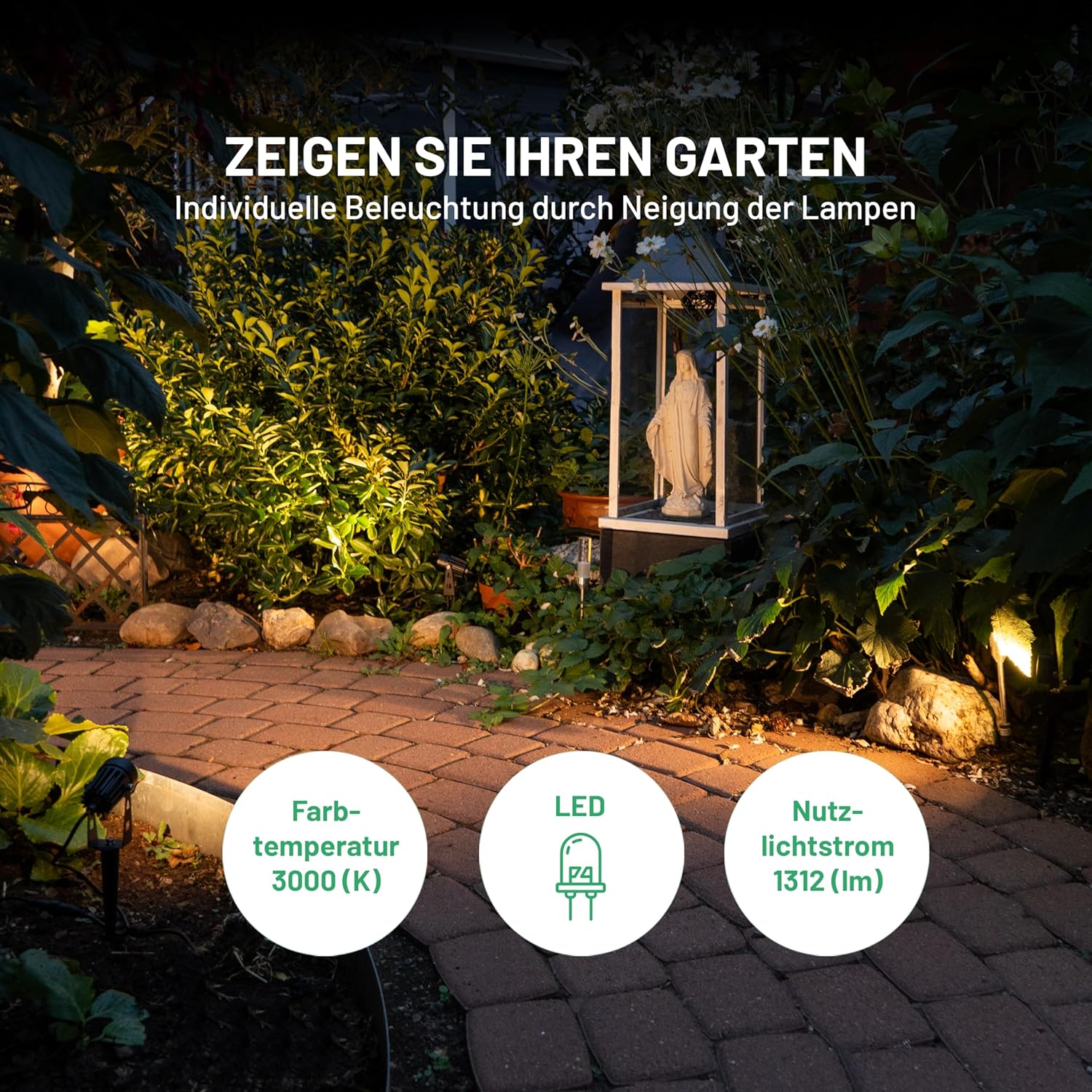 Wetterfestes LED Gartenstrahler Set mit warmem Licht und Erdspießen für flexible Außenbeleuchtung