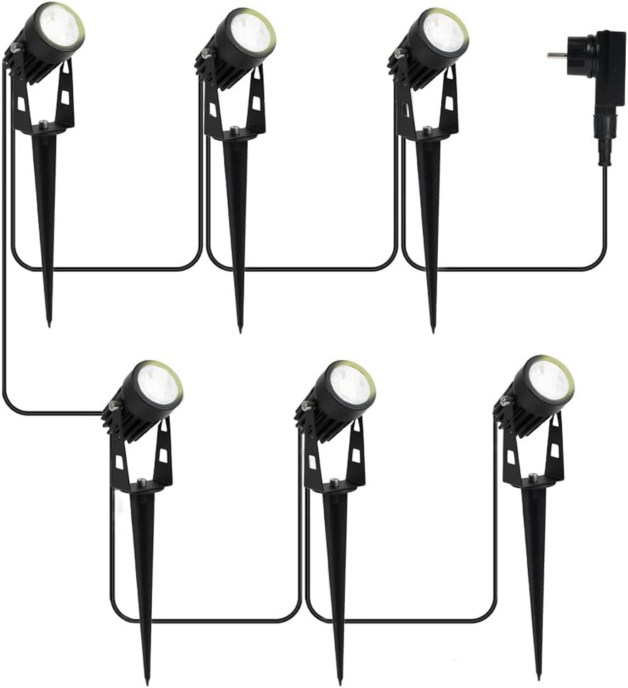 Gartenstrahler Set mit 6 warmen LED-Leuchten, wetterfest, flexibel mit Erdspießen oder Wandmontage, robustes Aluminiumgehäuse, IP65 geschützt, ideal für Außenbeleuchtung