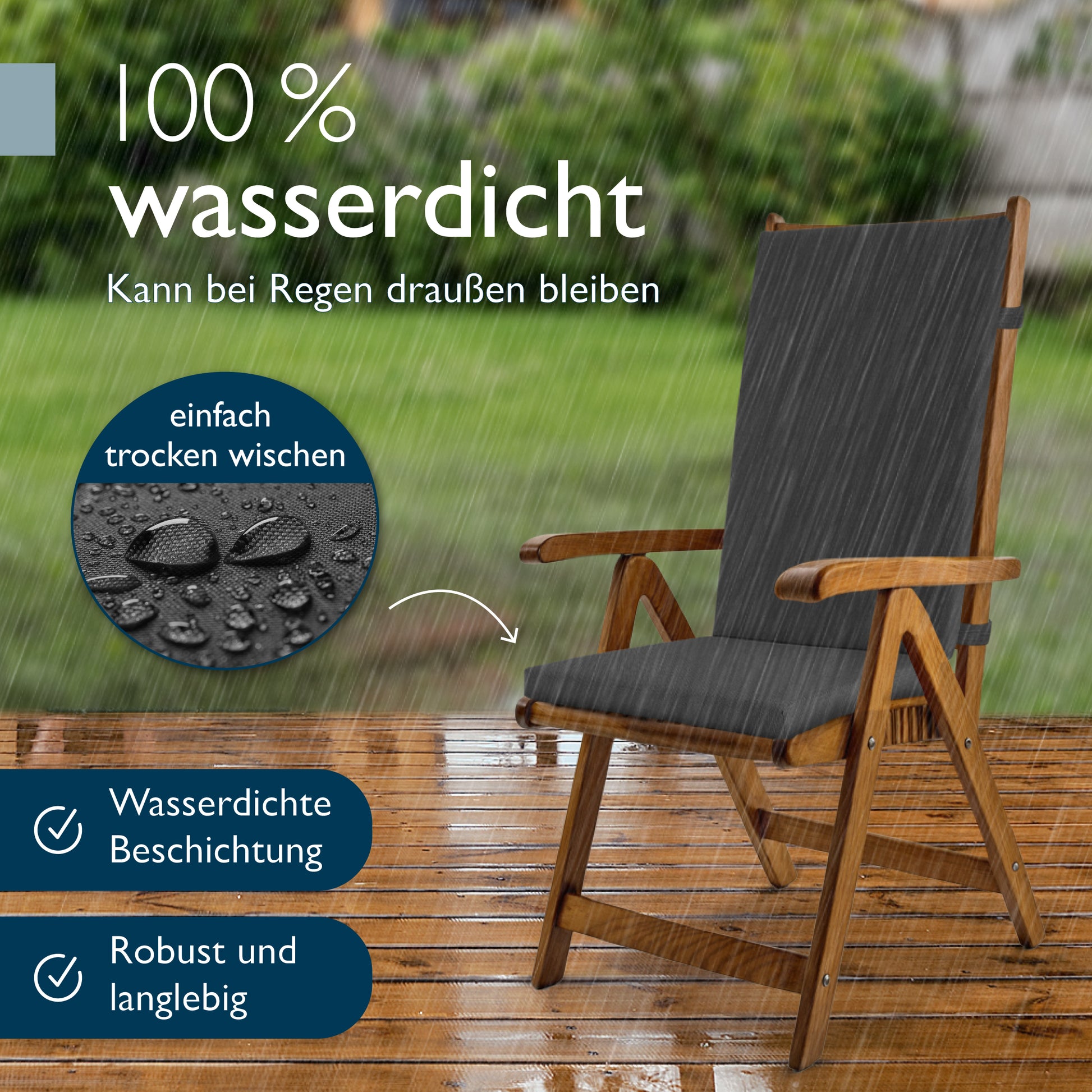 Beautissu 100% Wasserdicht Premium Hochlehner Stuhlauflage 120x50x6 cm