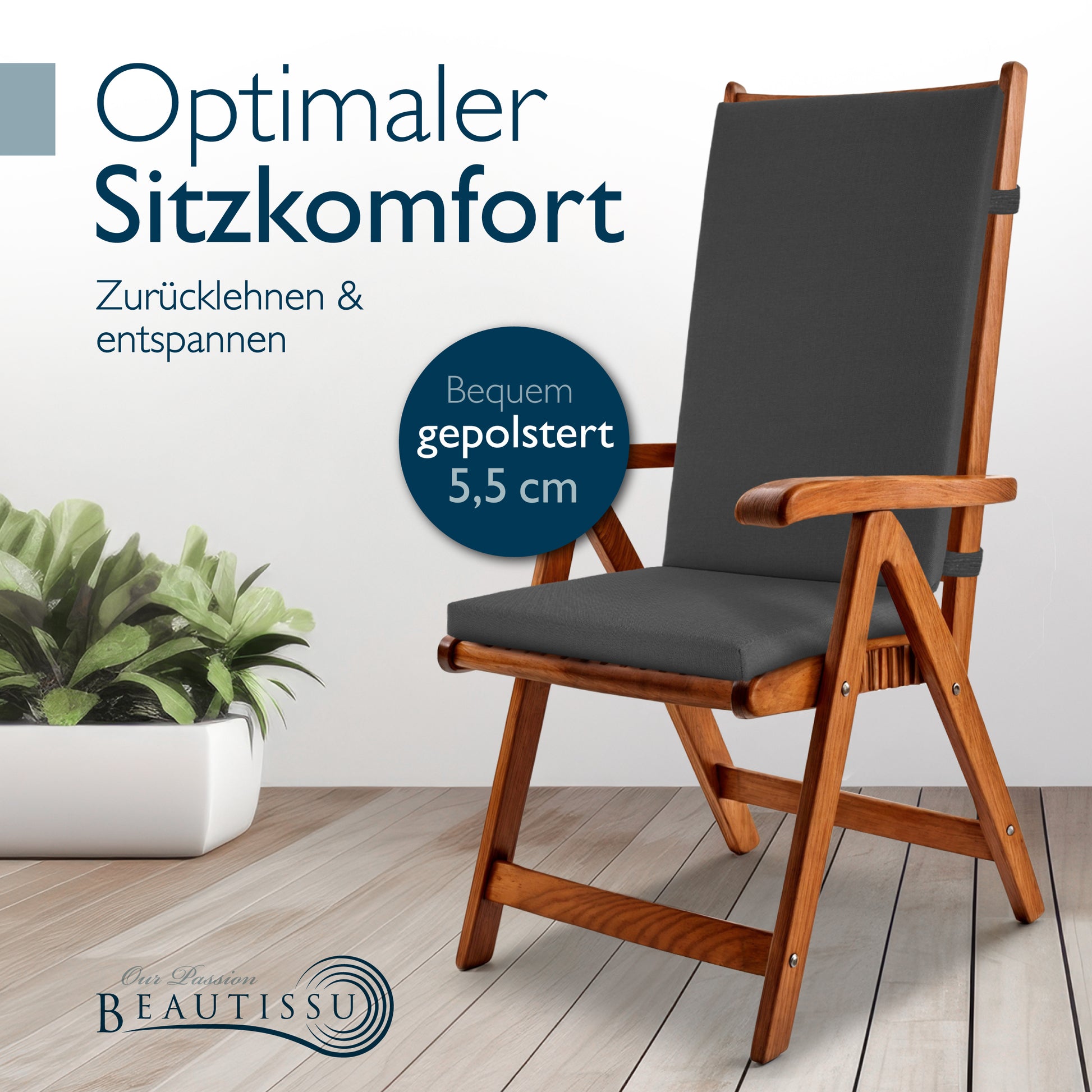 Beautissu 100% Wasserdicht Premium Hochlehner Stuhlauflage 120x50x6 cm