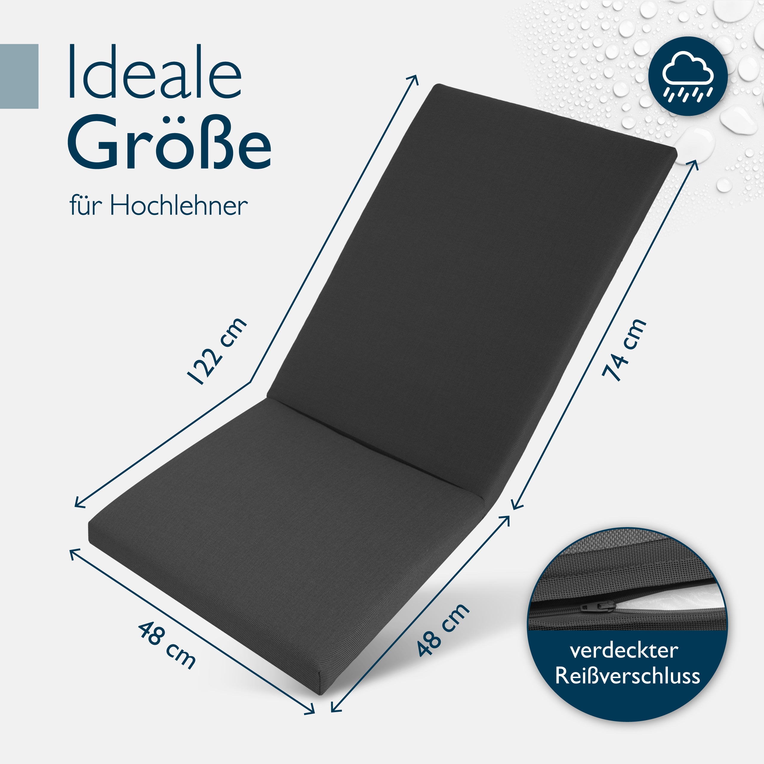 Beautissu 100% Wasserdicht Premium Hochlehner Stuhlauflage 120x50x6 cm