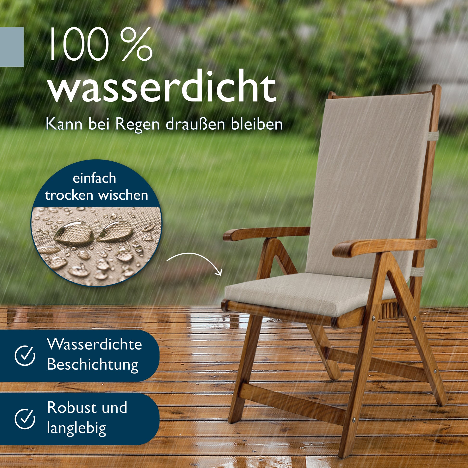 Beautissu 100% Wasserdicht Premium Hochlehner Stuhlauflage 120x50x6 cm