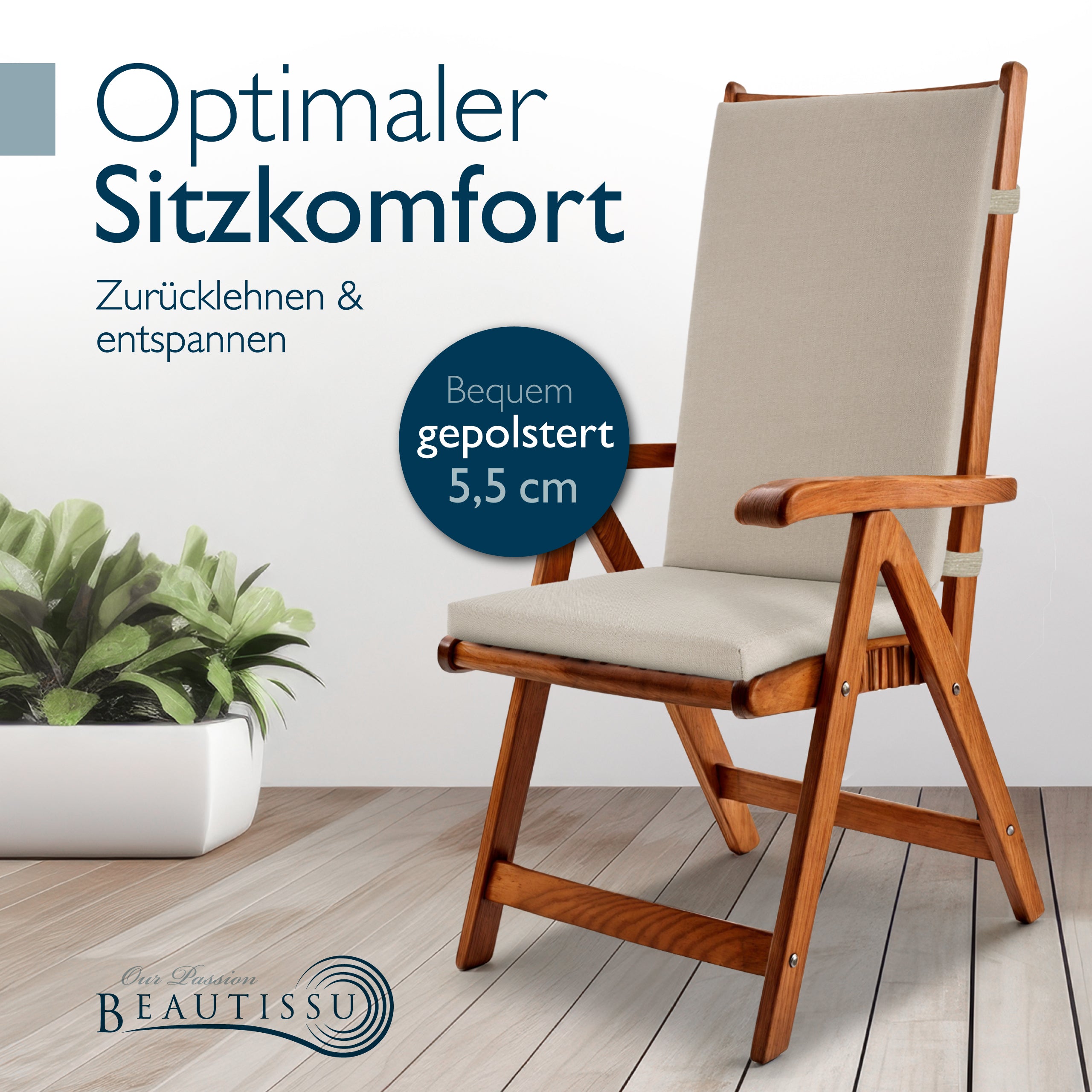 Beautissu 100% Wasserdicht Premium Hochlehner Stuhlauflage 120x50x6 cm