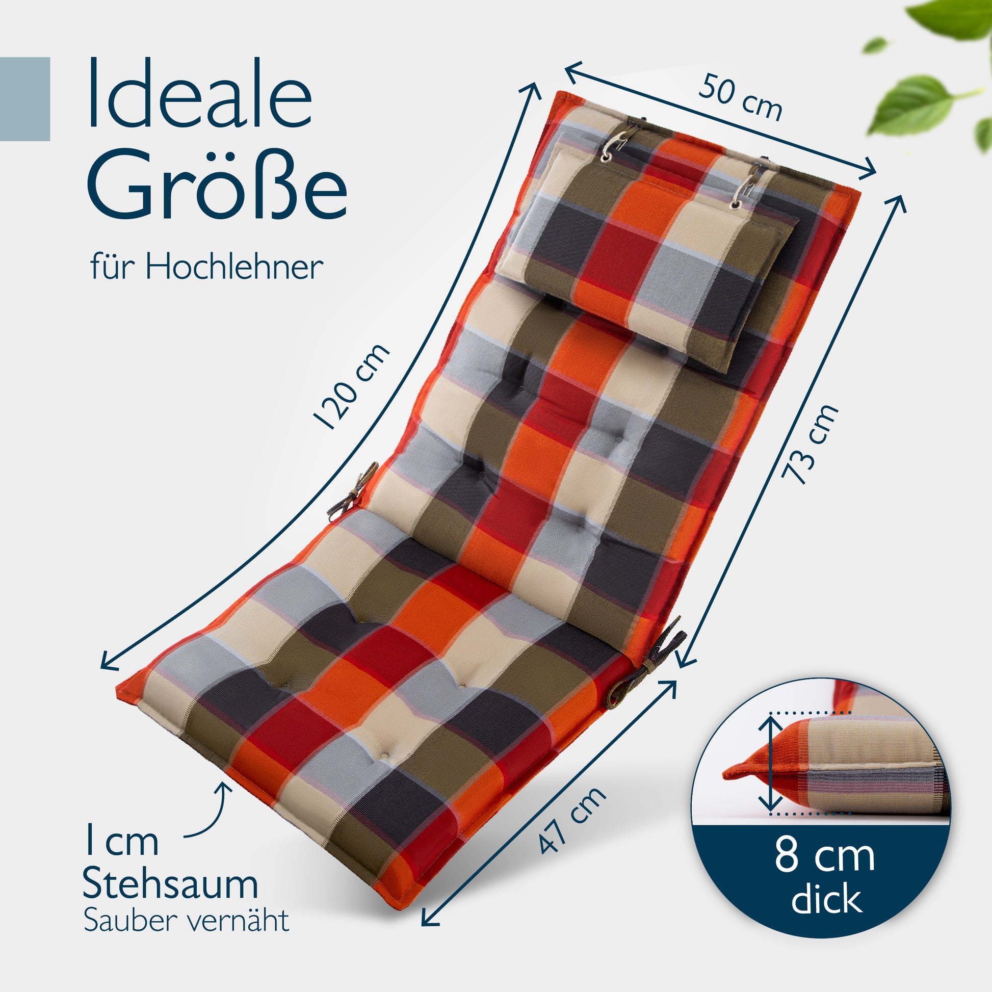 Beautissu Hochlehner Stuhlauflage 120x50x8 cm  – Gartenstuhl Sitzkisse