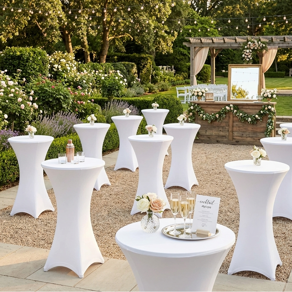 Gartenambiente mit weißen Stehtisch-Hussen bei einer Hochzeit
