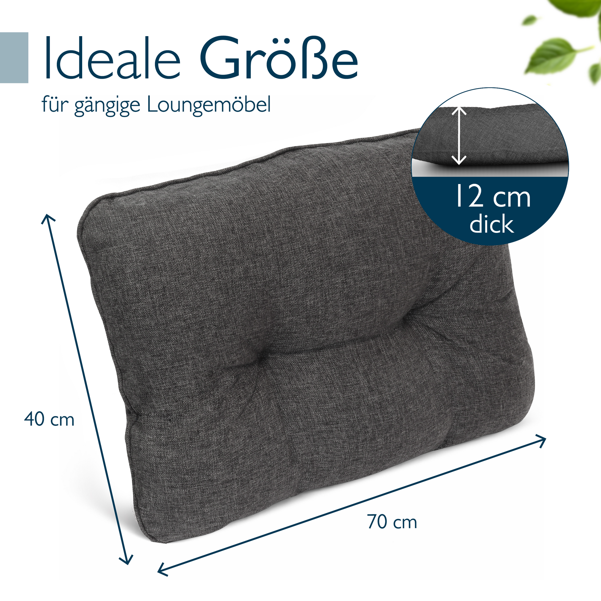Anthrazitfarbene Beautissu Loungekissen für Outdoor mit wasser- und schmutzabweisendem Bezug und PU-Schaumstofffüllung.