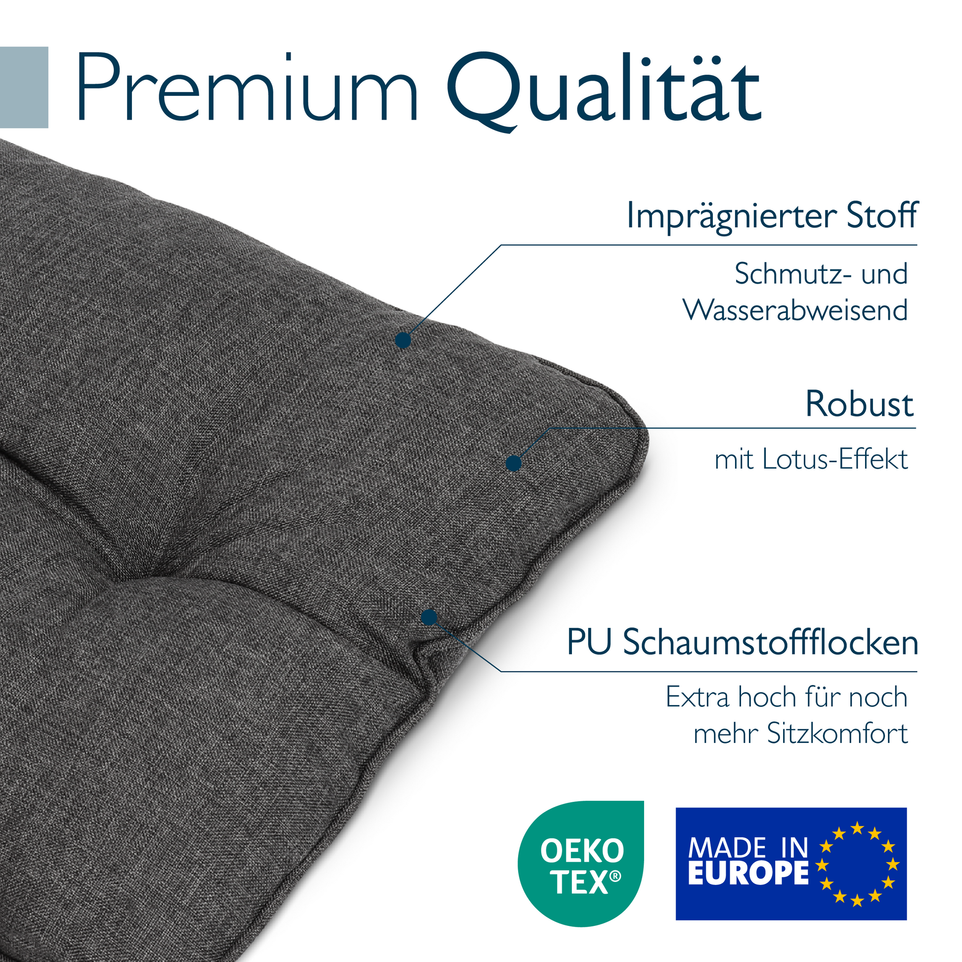 Anthrazitfarbenes Beautissu Loungekissen-Set mit wasser- und schmutzabweisenden Outdoor-Sitz- und Rückenkissen