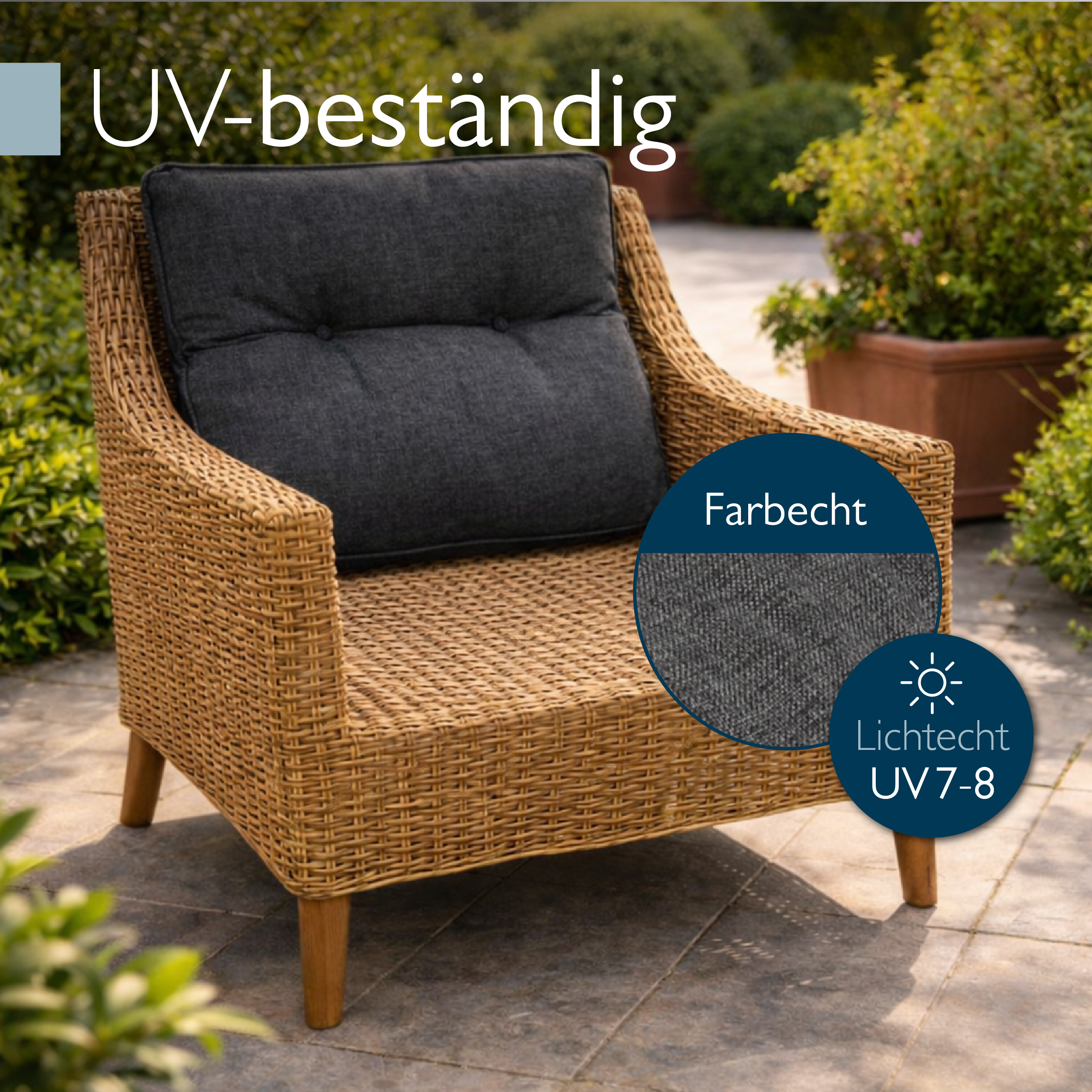 Anthrazitfarbenes Beautissu Loungekissen aus wasser- und schmutzabweisendem Polypropylen für Outdoor mit 10/12 cm dicker Polsterung