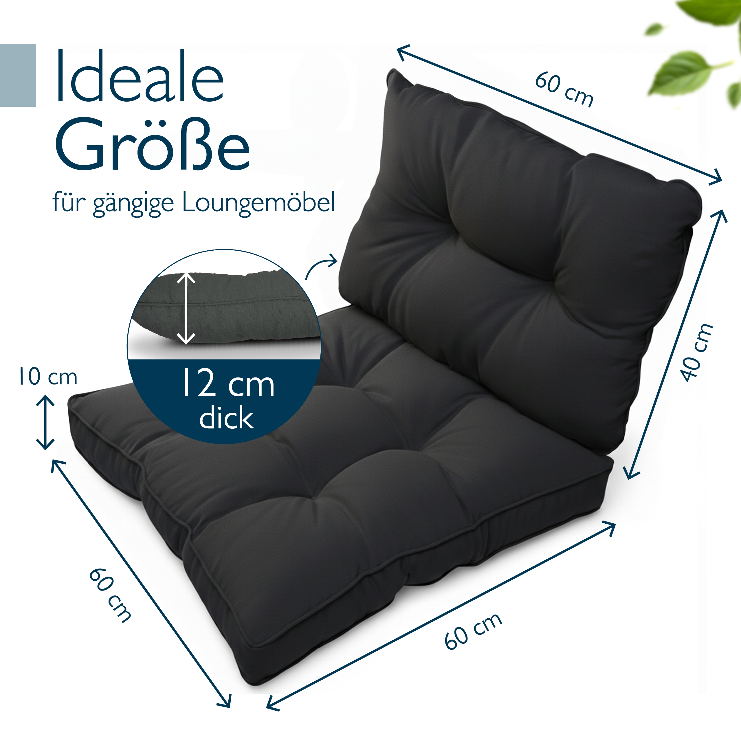 Anthrazitfarbene Beautissu Loungekissen Outdoor, 10/12 cm dick, wasserabweisend und pflegeleicht