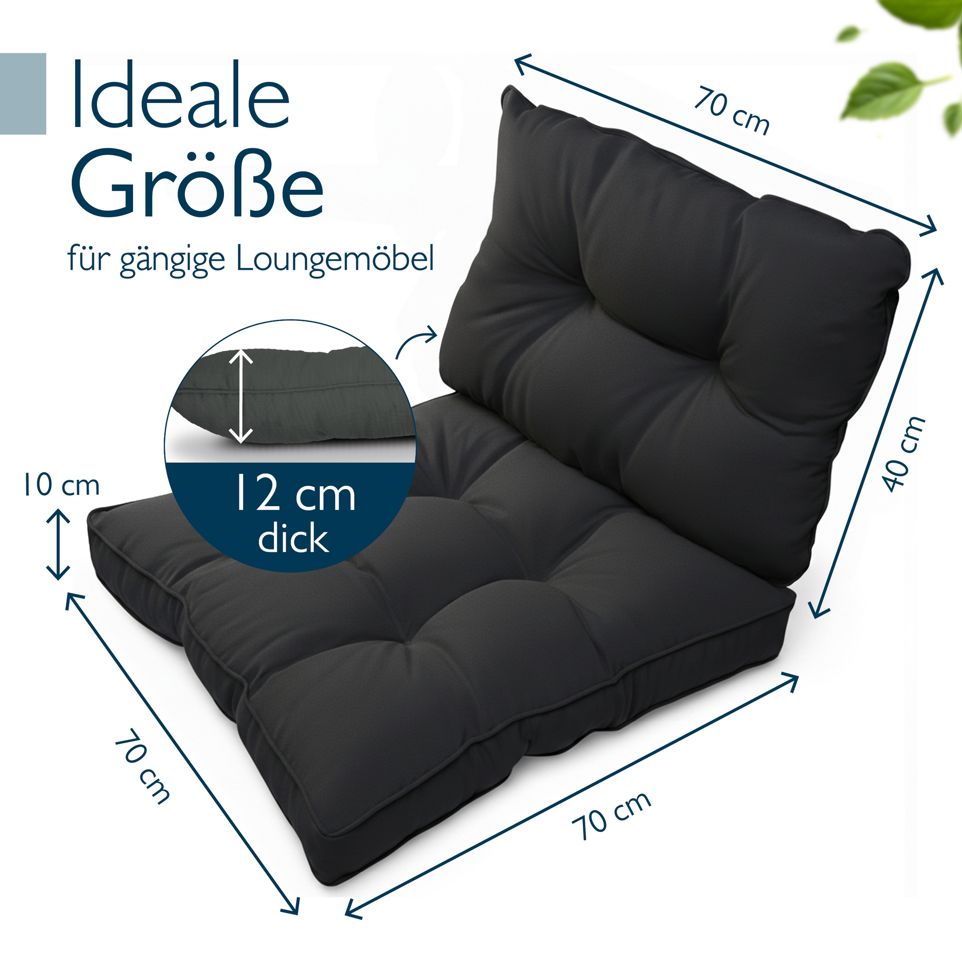 Anthrazitfarbene Beautissu Loungekissen aus robustem, wasserabweisendem Polyester für Garten und Outdoor mit 10-12 cm Schaumstofffüllung