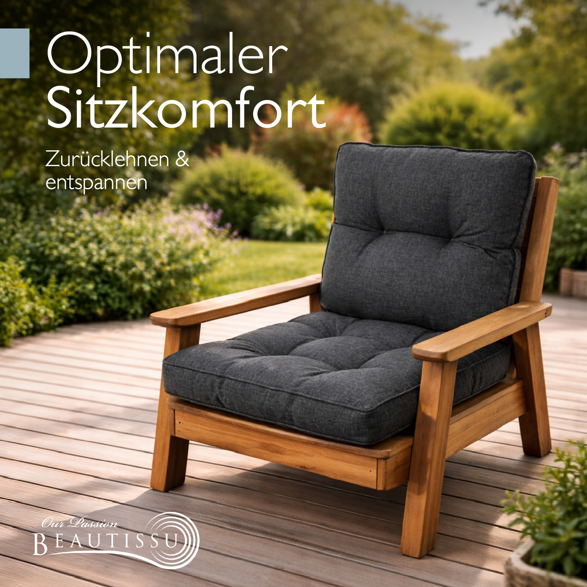 Beautissu Loungekissen Outdoor Sitz- und Rückenkissen anthrazit wasserabweisend komfortabel