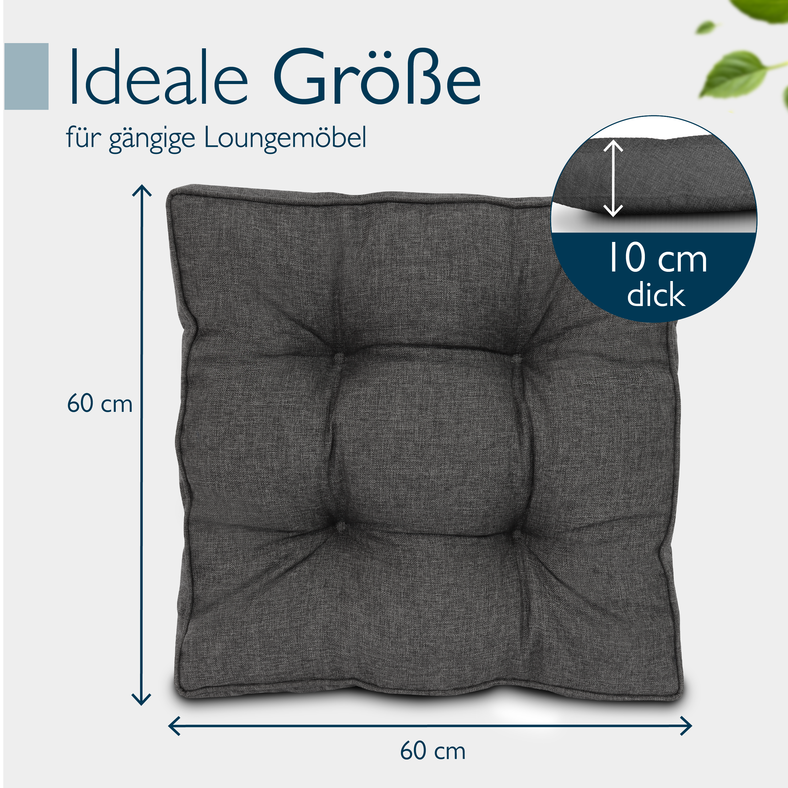 Anthrazitfarbene Beautissu Loungekissen für Outdoor mit wasserabweisendem Bezug und PU-Schaumfüllung