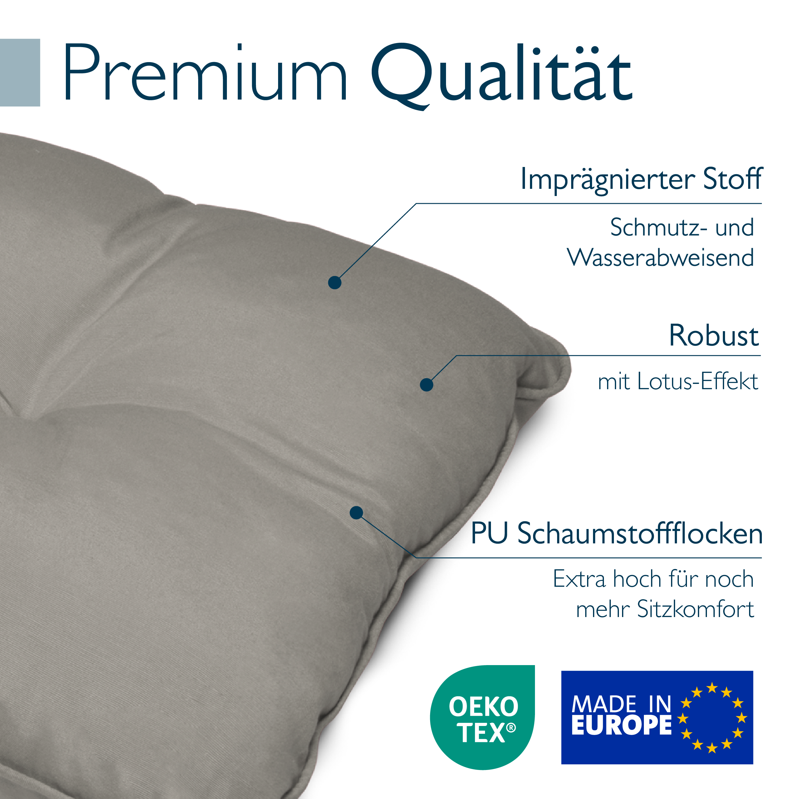Hellgraue Outdoor Lounge Rückenkissen und Sitzkissen 10/12 cm dick, wasserabweisend, pflegeleicht für Gartenmöbel